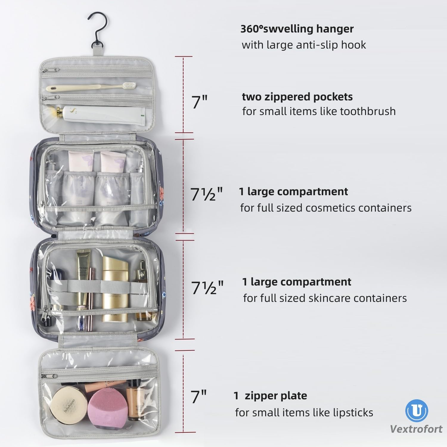 Neceser para mujer, bolsa de maquillaje de viaje colgante grande, resistente al agua para artículos de tocador, cosméticos, cepillos, Flor gris-V2,