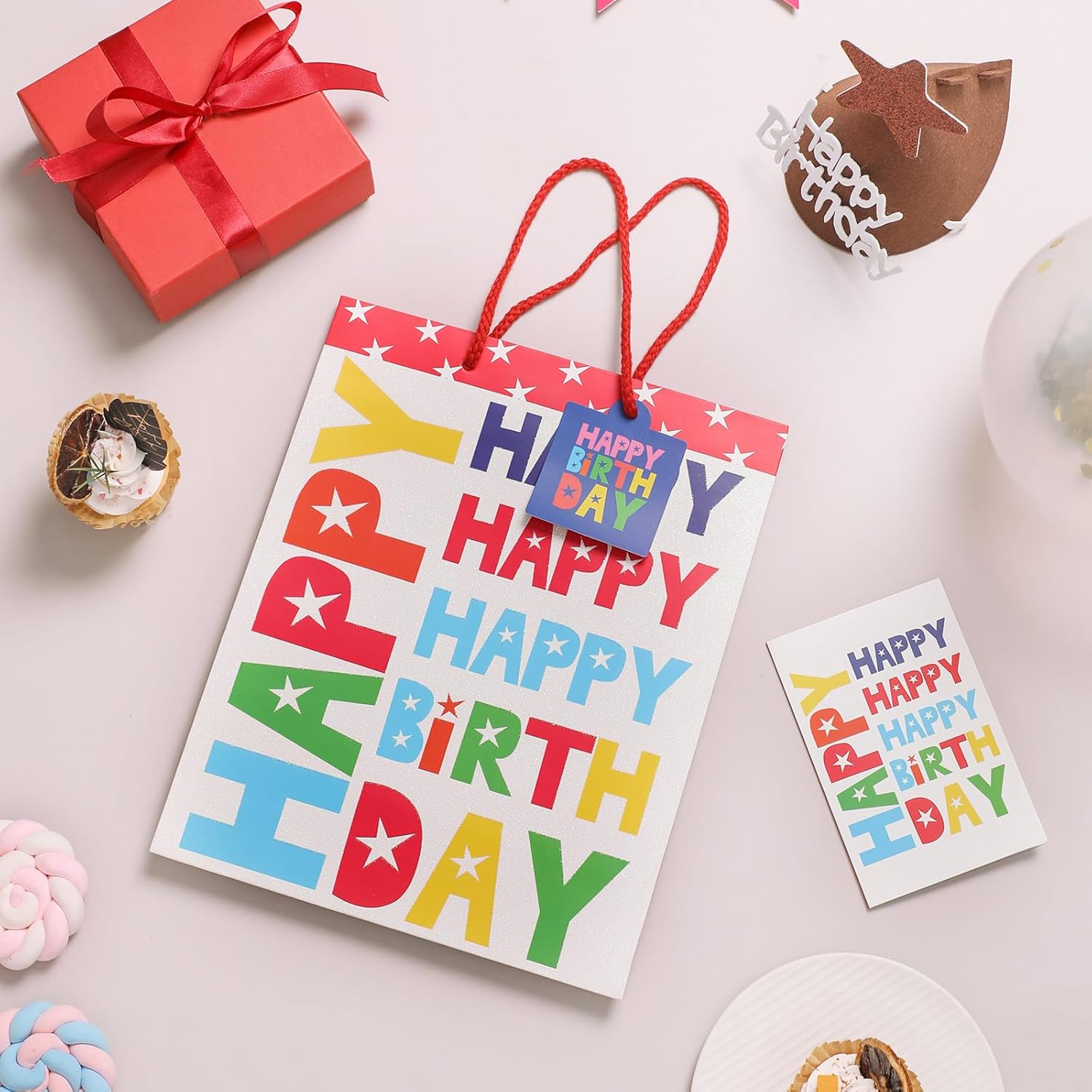 Fu HeaLer Bolsa de regalo de cumpleaños, bolsas de cumpleaños grandes de 13 pulgadas con tarjeta y papel de seda para fiesta de cumpleaños, 1
