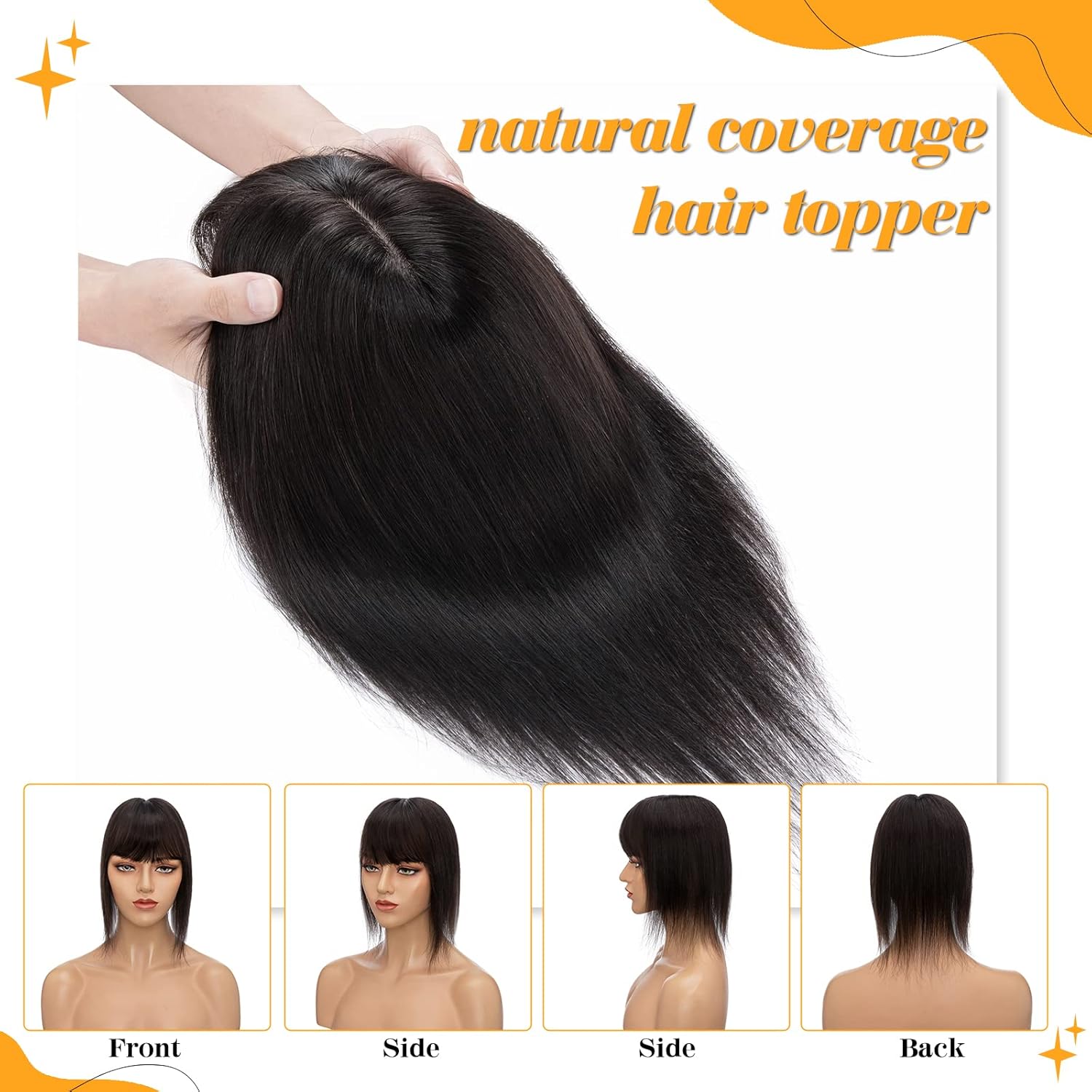 S-noilite Toppers para el cabello para mujer, con flequillo, 8 pulgadas, base de seda negra natural #1B, clip en la parte superior para mujeres con