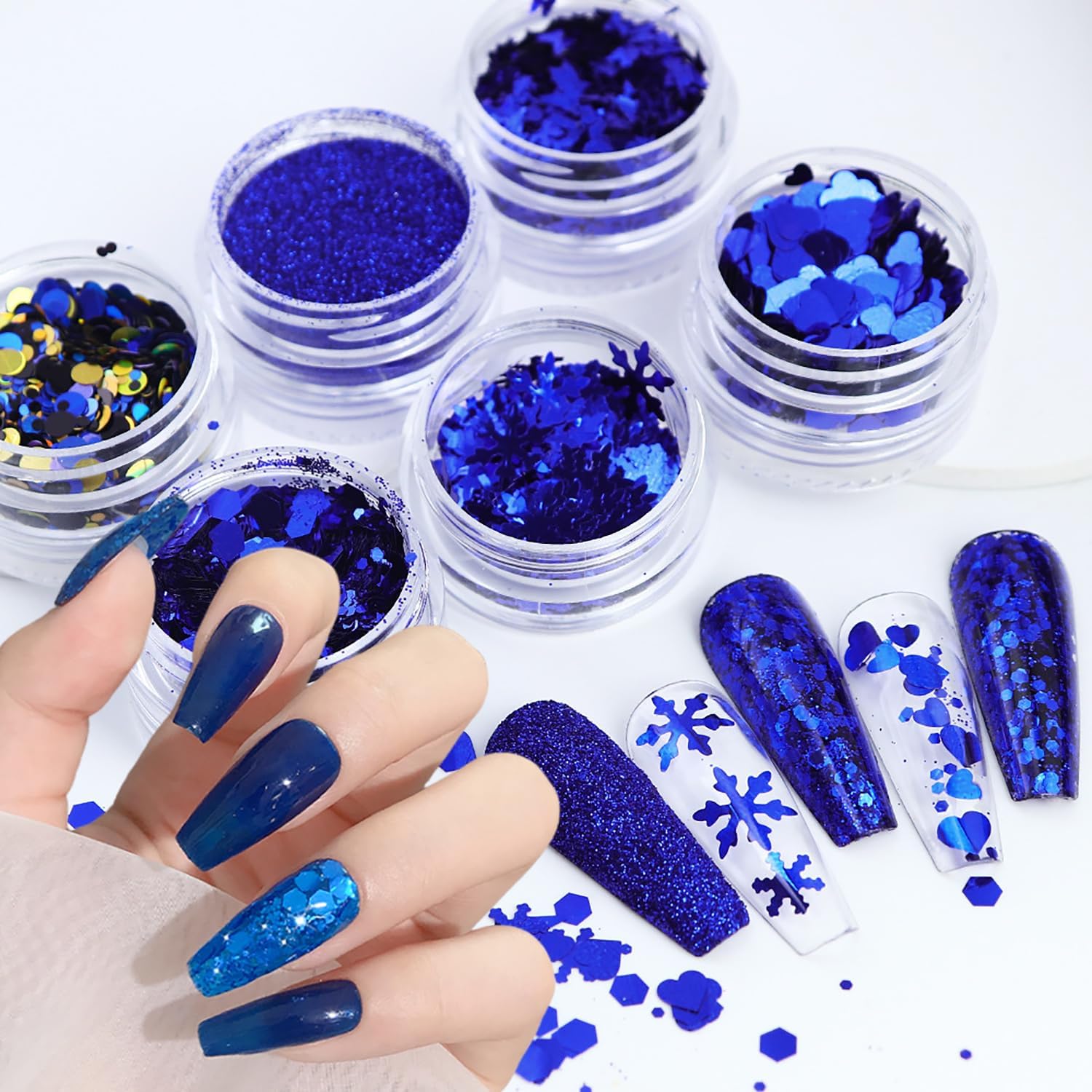 Decoración de uñas de copo de nieve azul de Navidad, copos de purpurina para manicura azul mixta, polvo fino de gitte, suministros de lentejuelas