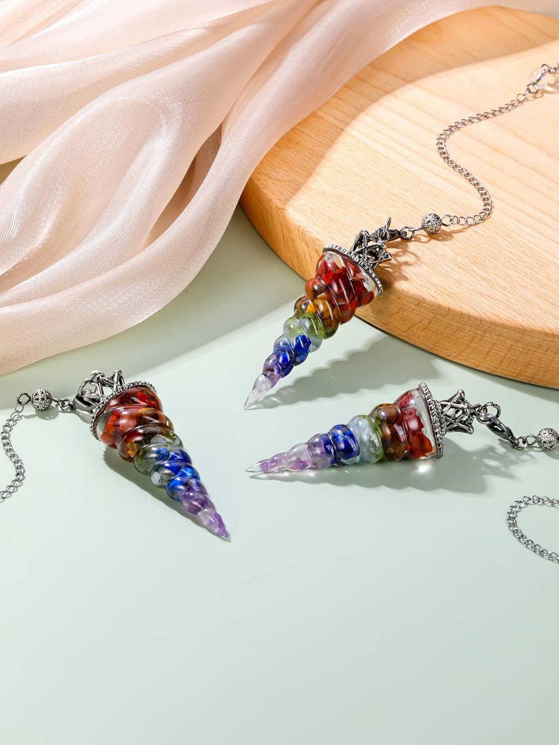 Jovivi Péndulos naturales de cristal de 7 chakras para radiestesia de adivinación, corona de cono de espiral, péndulo puntiagudo con cadena, piedras