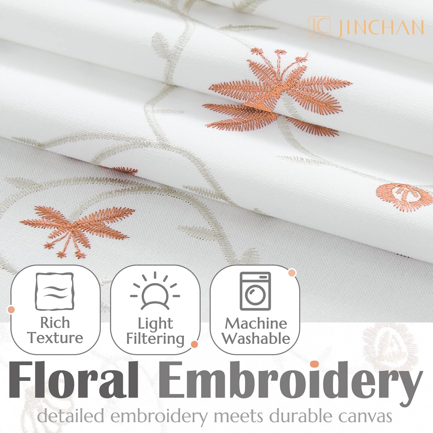JINCHAN Cortina de cenefa con bordado floral naranja coral de 45 pulgadas, cortina de ventana pequeña botánica de granja ajustable, cenefa rústica