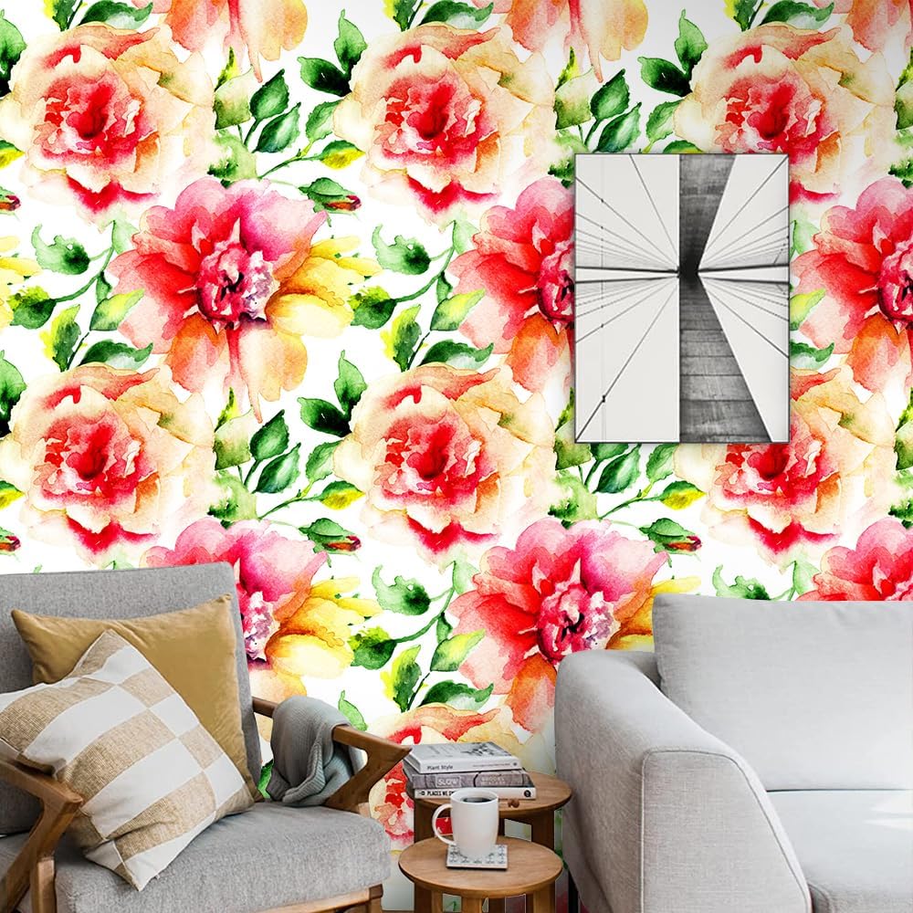 Papel tapiz colorido de peonía floral para despegar y pegar, papel de contacto de flores y hojas, papel tapiz extraíble impermeable, papel tapiz