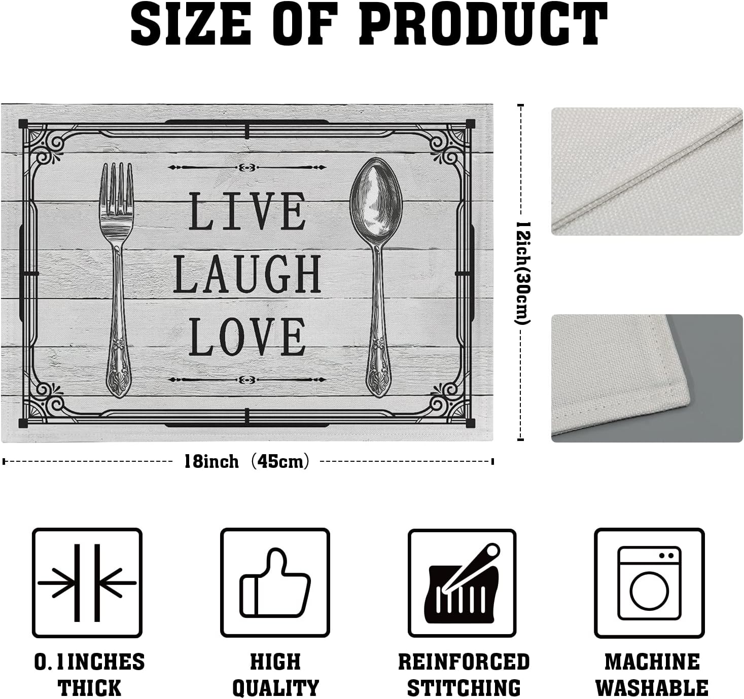 Giwawa Live Laugh Love – Juego de 4 manteles individuales con cuchillo, tenedor, cuchara, estilo vintage, decorativo, de lino, lavable, resistente