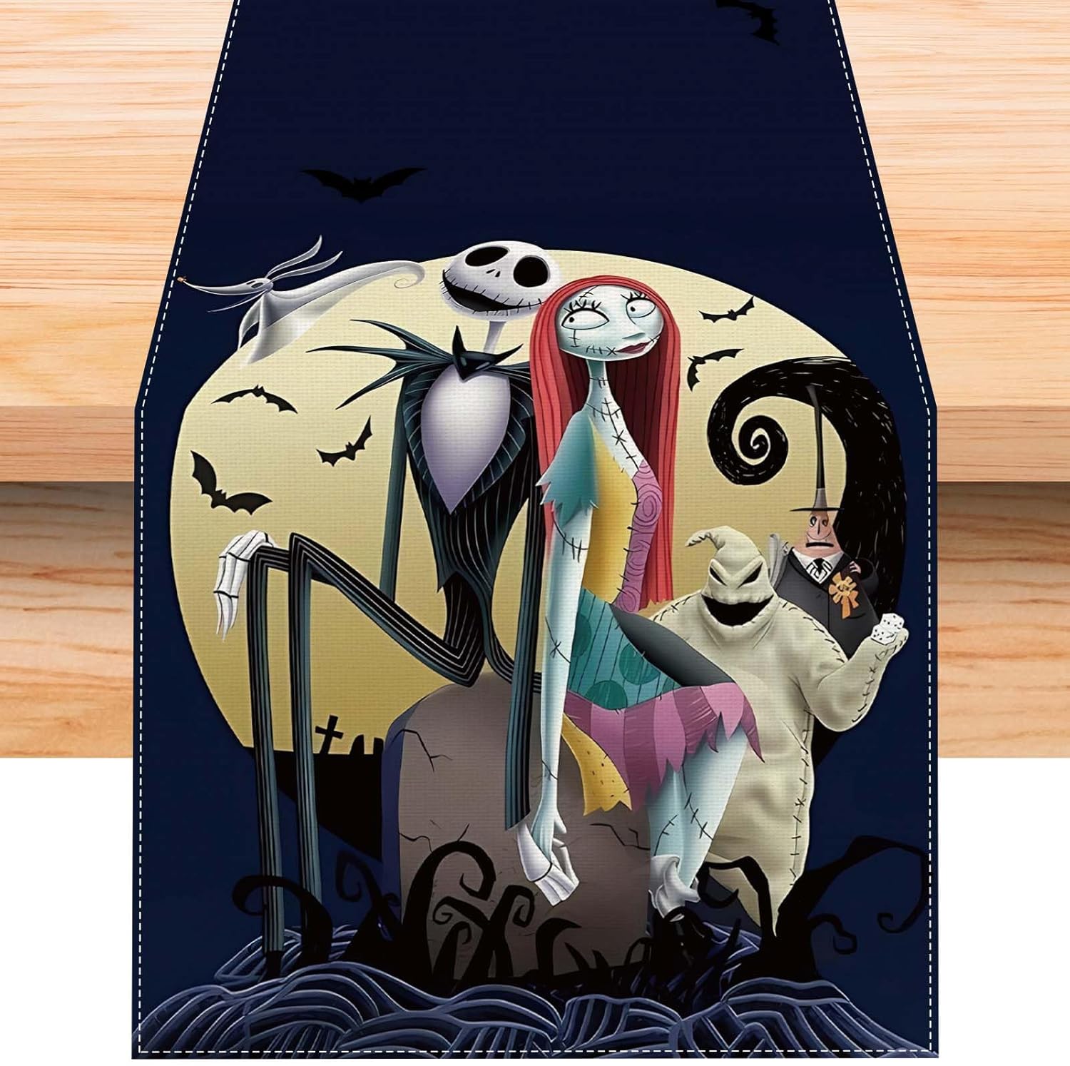Black Nightmare Before Christmas Camino de mesa de 72 pulgadas de largo gótico Jack Skellington y Sally para Halloween, Navidad, invierno,