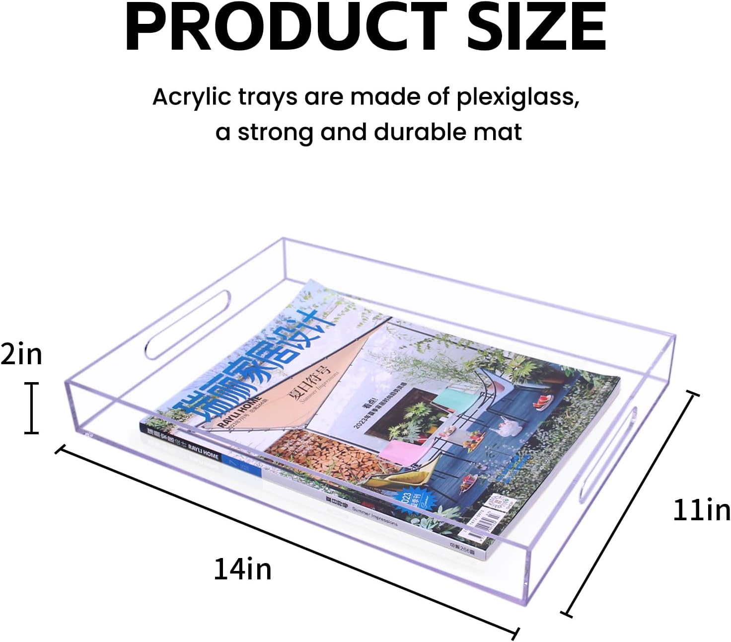 Bandeja de acrílico transparente con asas, bandeja organizadora de acrílico de 11 x 14 pulgadas, bandeja de encimera de cocina, bandeja organizadora