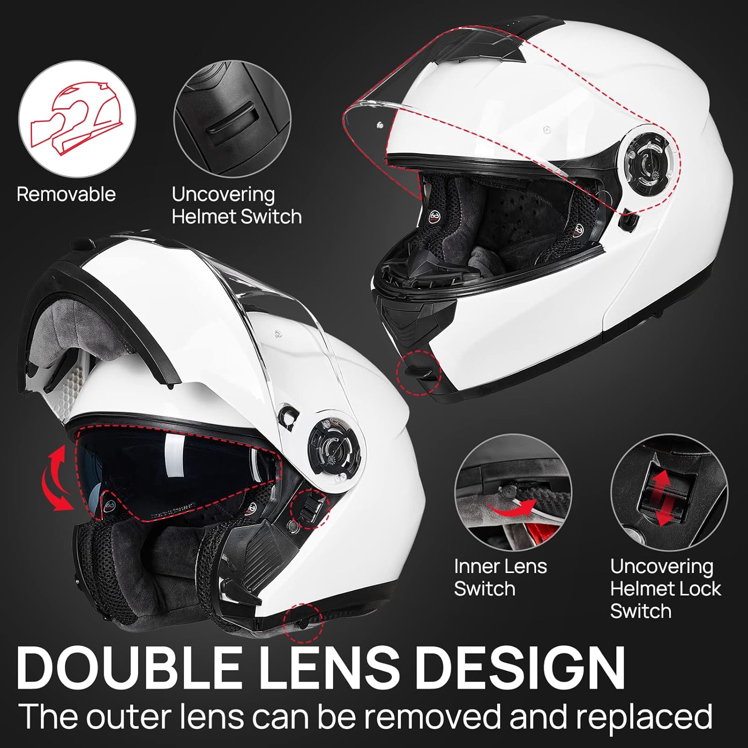 ILM Casco modular de cara completa para motocicleta para adultos, doble visera, aprobado por DOT, modelo 159 (blanco, mediano)
