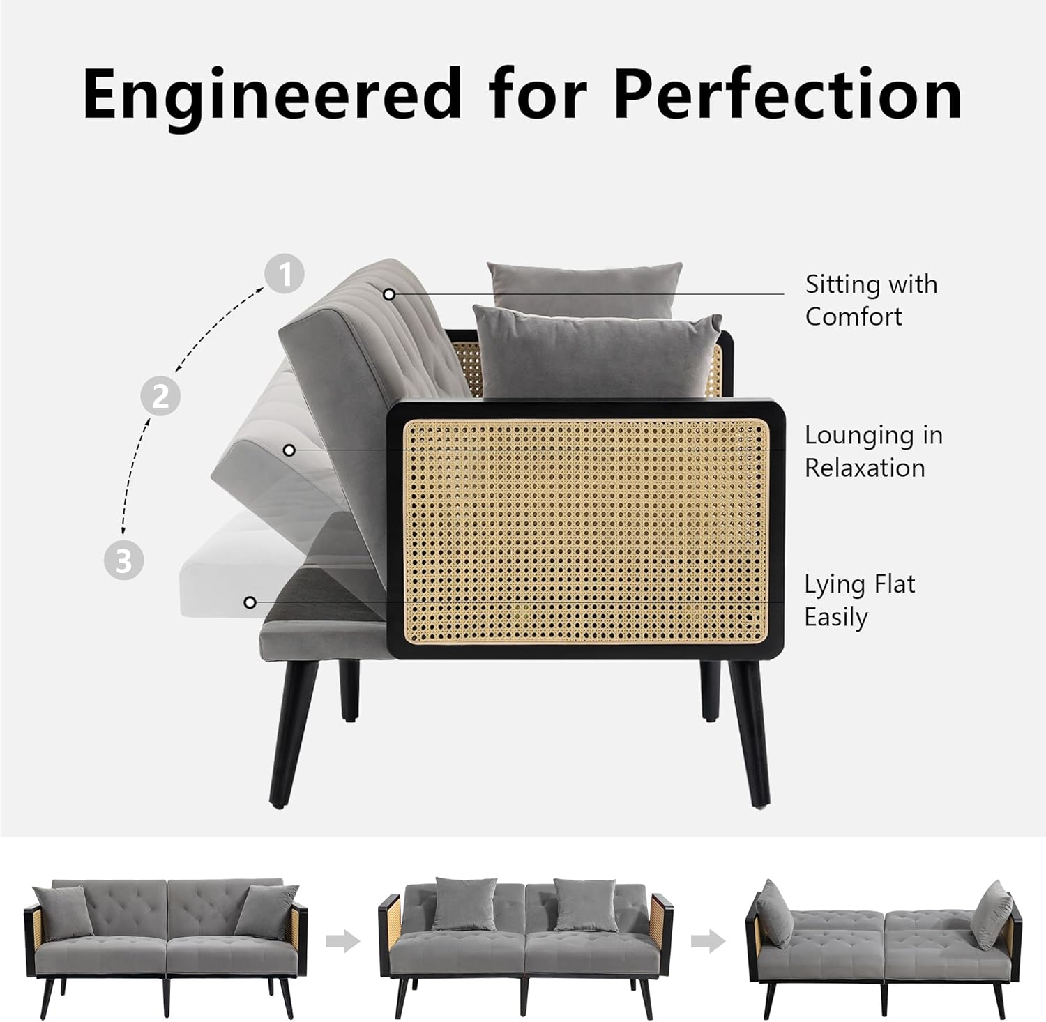 Dolonm Sofá de terciopelo de 62 pulgadas con reposabrazos de ratán y 2 almohadas, sofá biplaza con pies de metal, moderno sofá convertible futón,