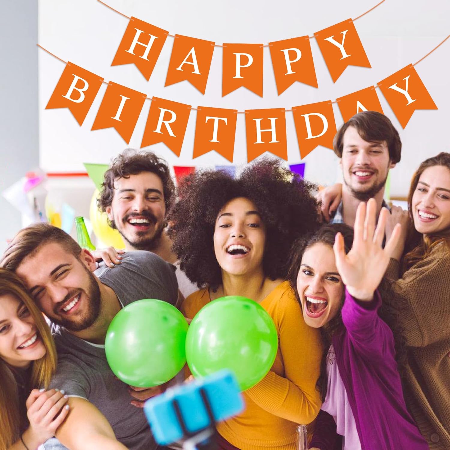 Cartel de cumpleaños naranja con texto en inglés “Happy Birthday” para niños, niñas, mujeres, cumpleaños, decoración de fiesta de té, banderines,