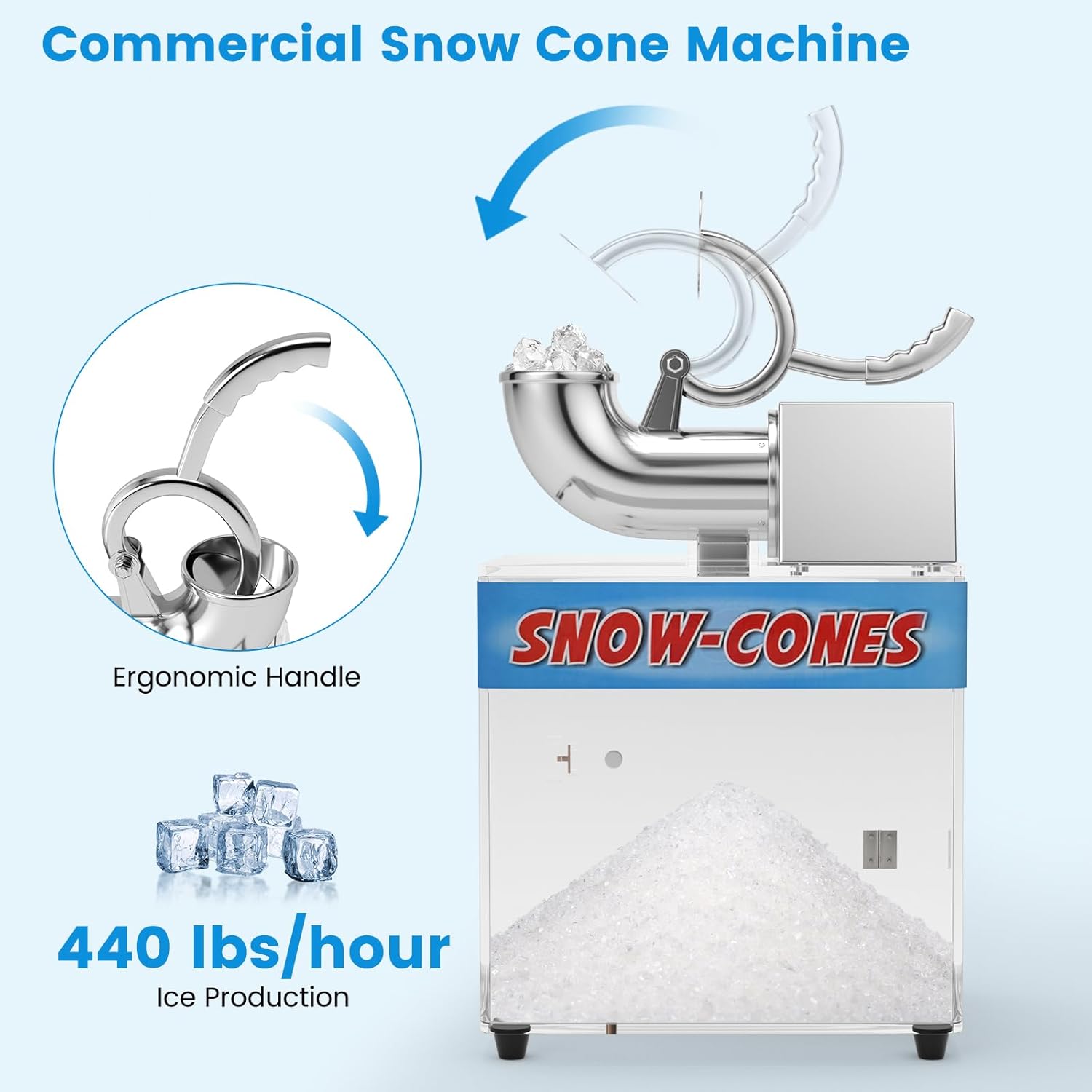 COSTWAY Máquina de hielo afeitado comercial, trituradora de hielo de acero inoxidable de 440 librasH con interruptor de encendidoapagado de