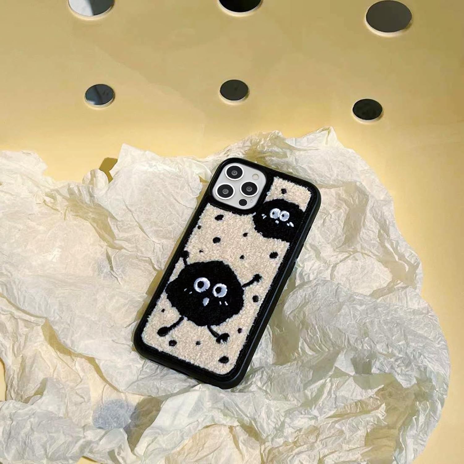Cartoon Phone Case for iPhone 14 Pro Cute Design,Embroidery Briquettes Case for iPhone 14 Pro Funny Fluffy Back,Kawaii Girly Wired Case for iPhone