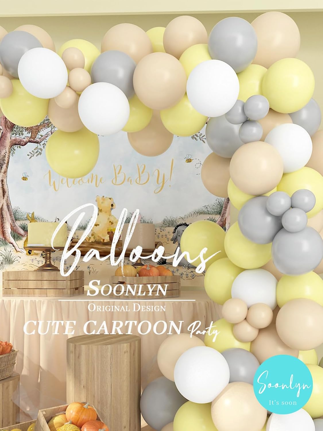 Soonlyn The Pooh – Kit de guirnalda de arco de globos para decoración de baby shower, 9-10 pies, 12 pulgadas, amarillo, nude, gris, blanco, para