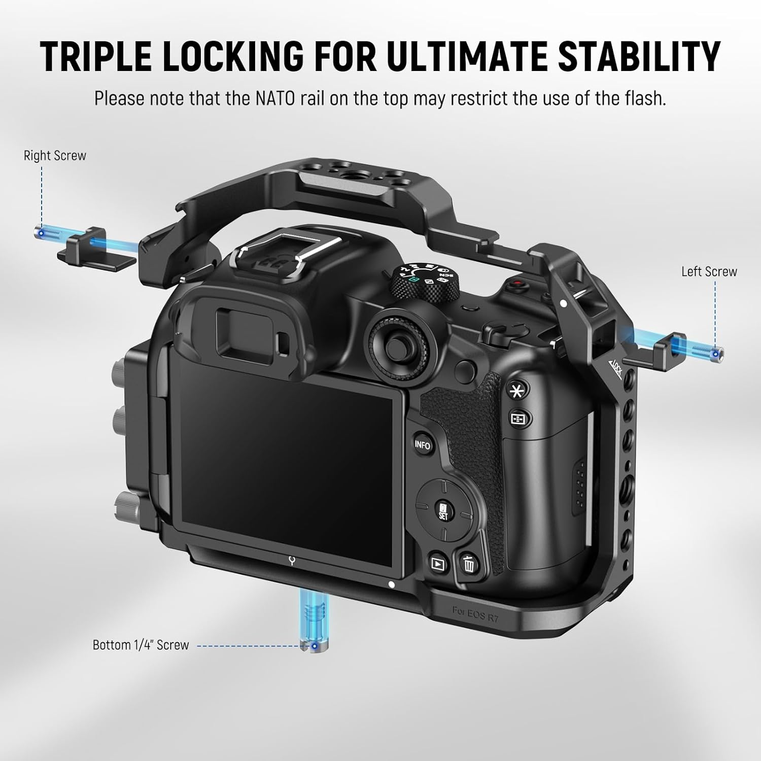 NEEWER Jaula para cámara R7 compatible con Canon EOS R7, soporte de video de aluminio con abrazadera de cable HDMI, riel OTAN, zapata fría, ARRI de