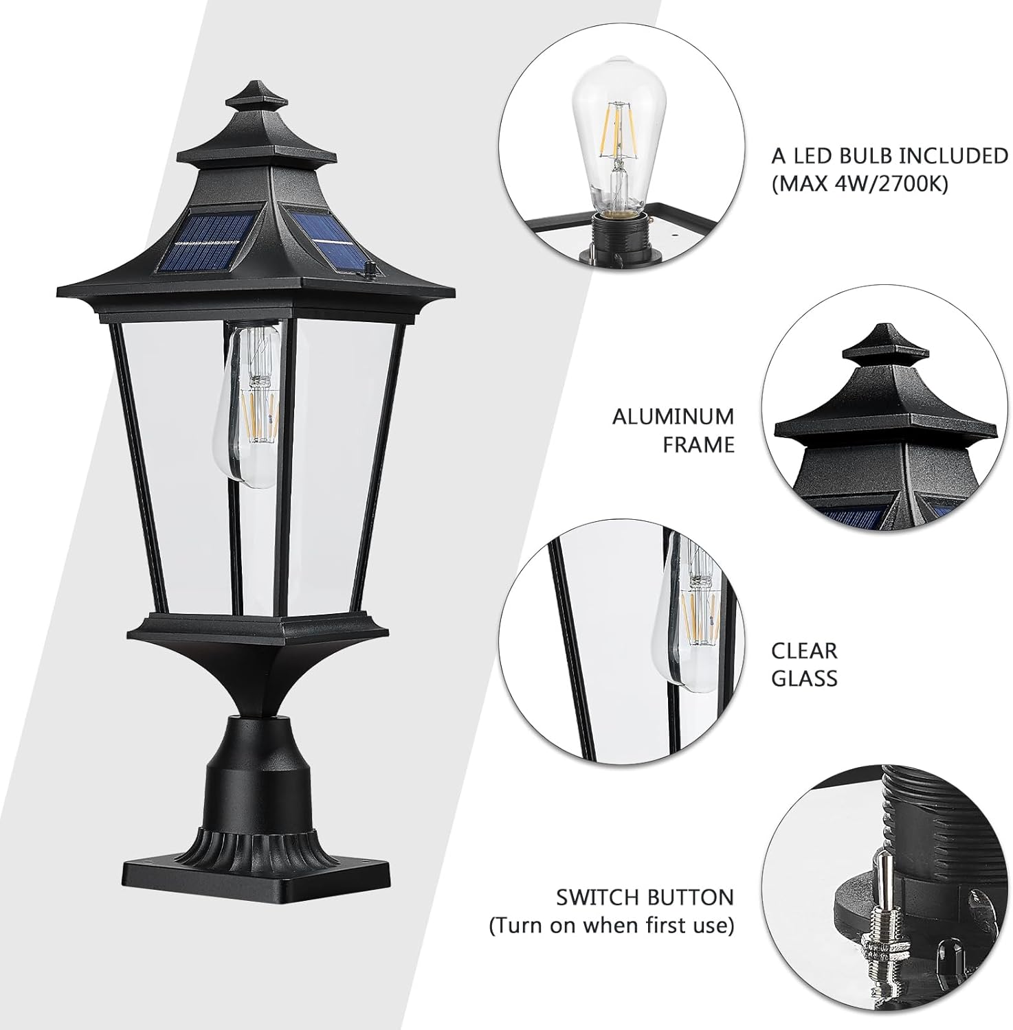 Emliviar Lámpara solar de granja de 22 pulgadas con montaje en muelle, luz de poste grande para patio exterior con control remoto, aluminio fundido