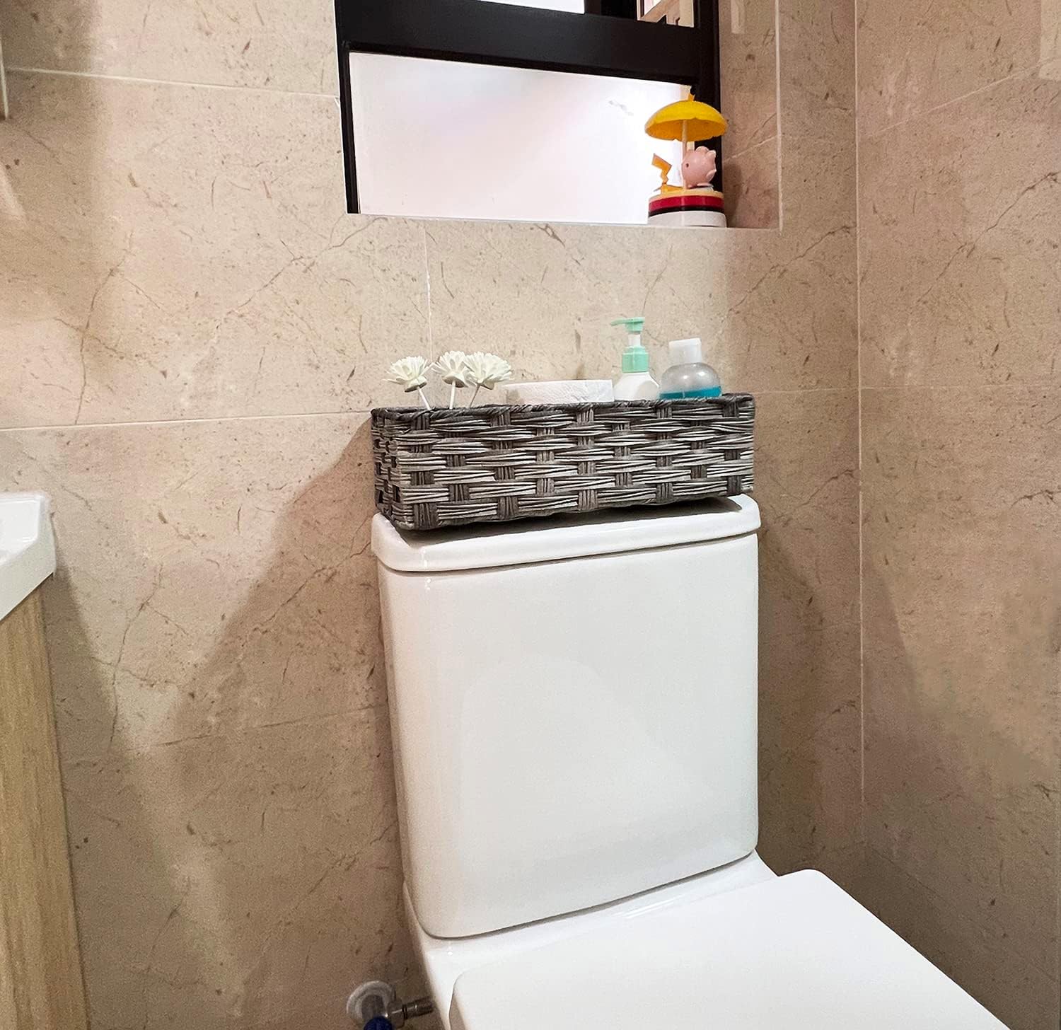Bandeja de papel higiénico de 3 secciones, cestas de almacenamiento impermeables para tanque de inodoro, decoración rústica de baño, organizador de