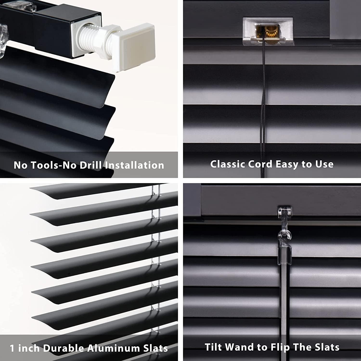 LazBlinds Mini persianas horizontales de aluminio de 1 pulgada sin herramientas, sin taladro, para ventana, corte personalizado a medida, opacas,