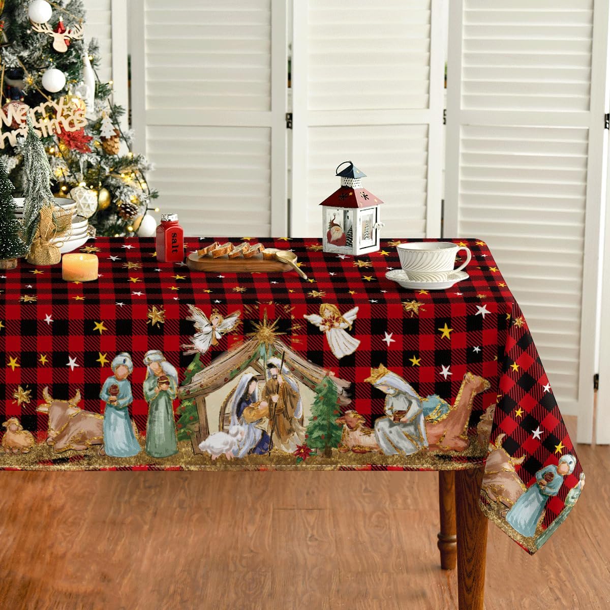 Horaldaily Mantel de Navidad de 60 x 120 pulgadas, diseño de búfalo rojo a cuadros, lavable, para decoración de fiestas, pícnic, cenas