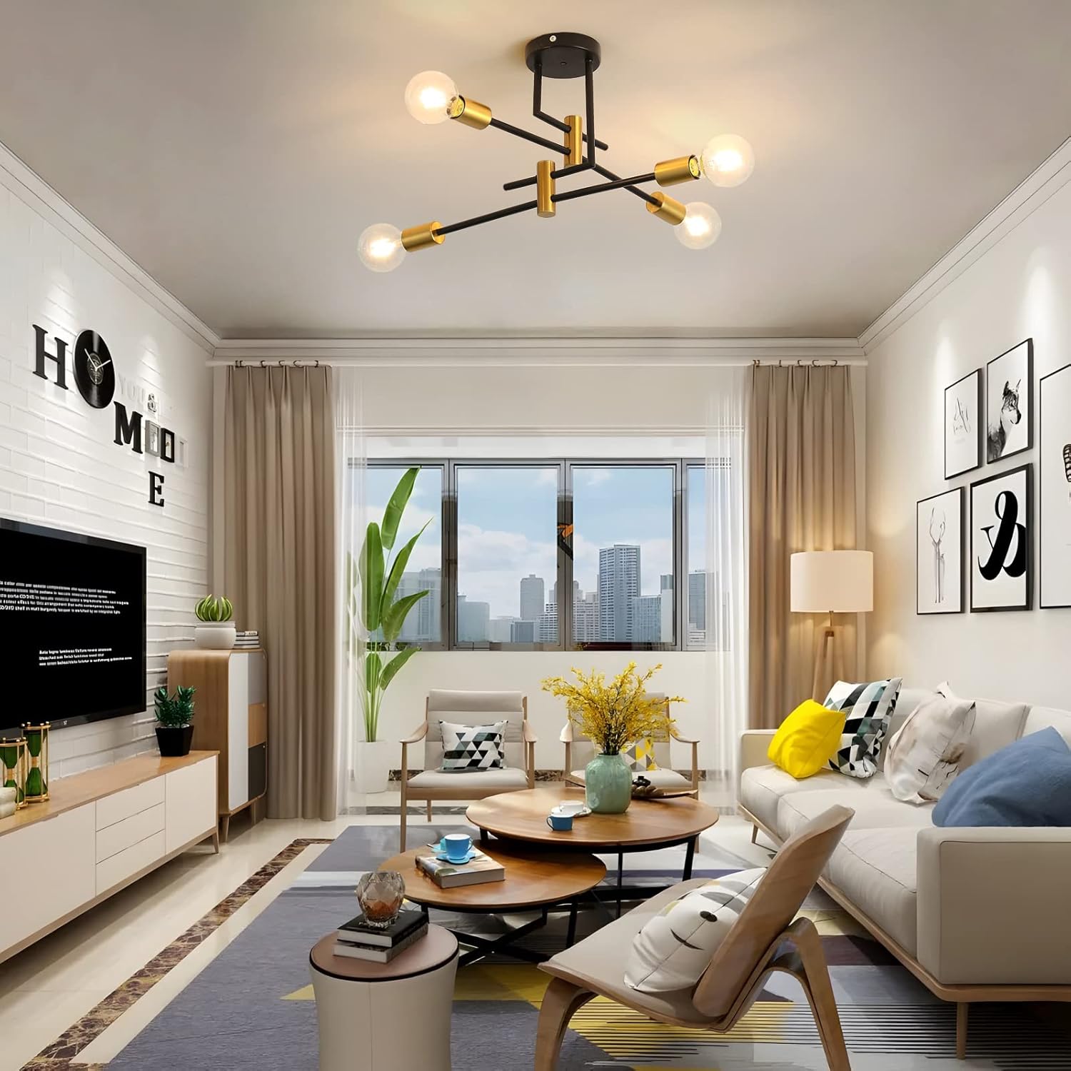 DELIPOP Sputnik – Lámpara de techo Sputnik moderna de 4 luces negras y doradas, lámpara de techo E26 de metal industrial semiempotrada para