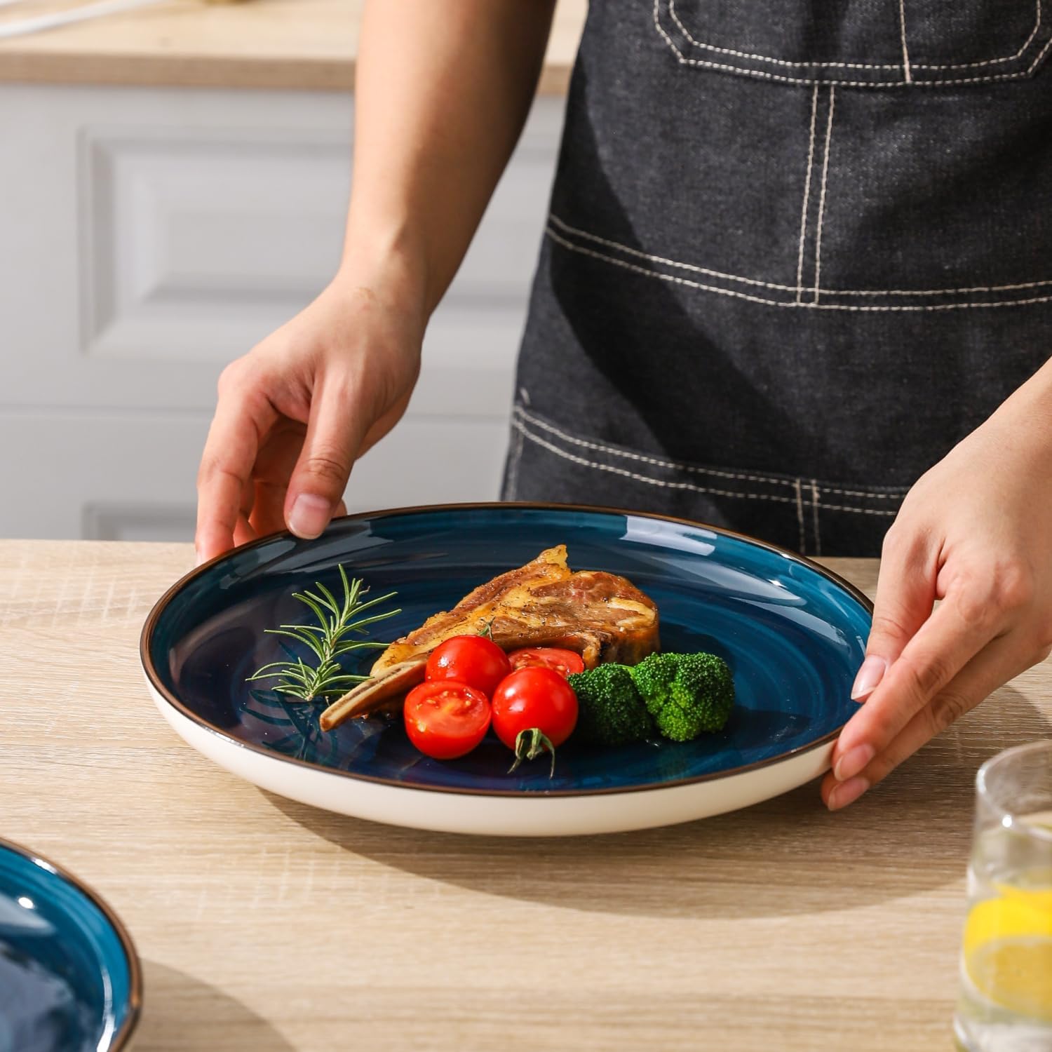 Juego de 6 platos llanos de cerámica de 10 pulgadas, platos de cocina de cerámica, aptos para microondas y lavavajillas, azul marino
