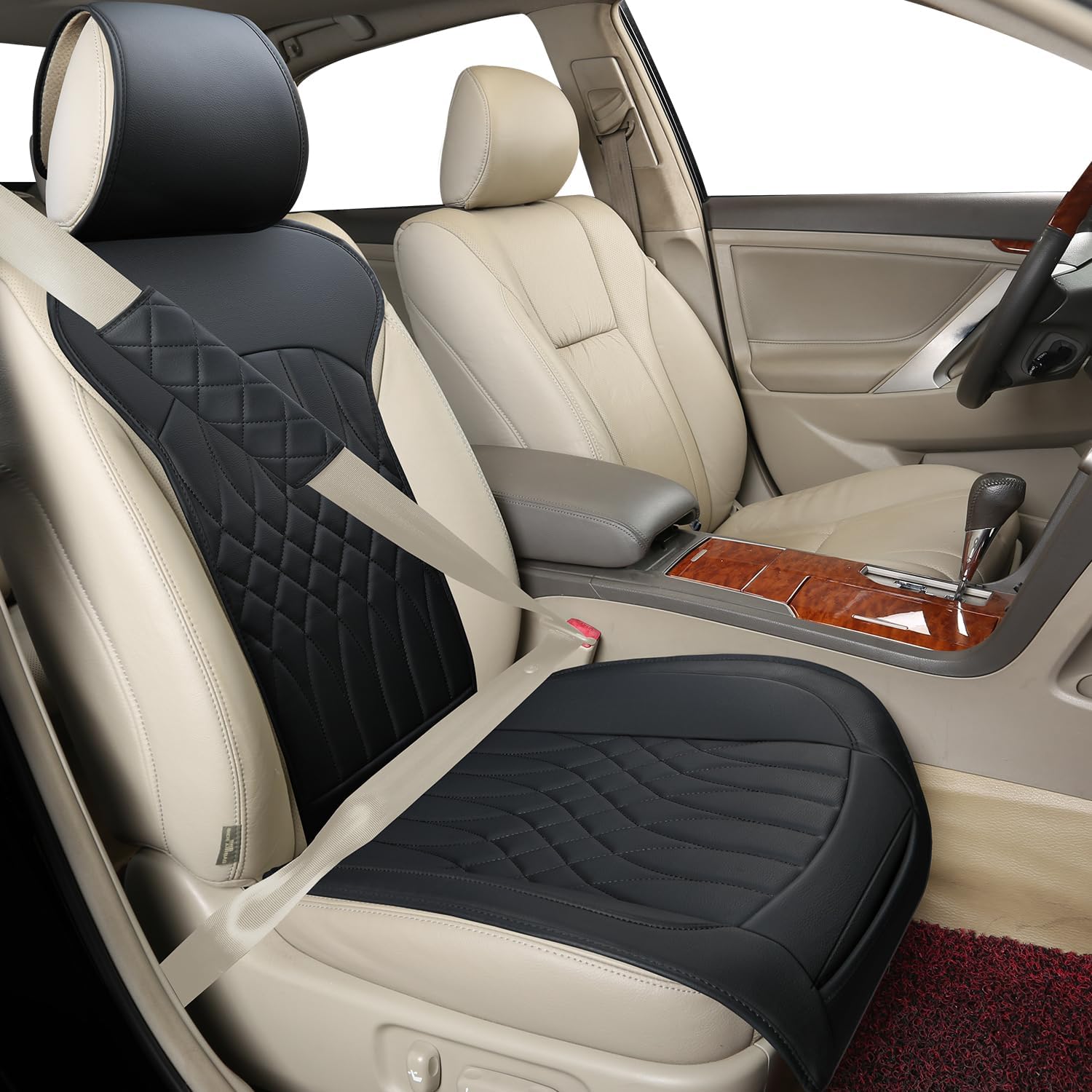 Dinyooup Funda de cuero para asiento de automóvil, 1 unidad, protectores universales sin laterales con almohadillas para cinturón de seguridad,