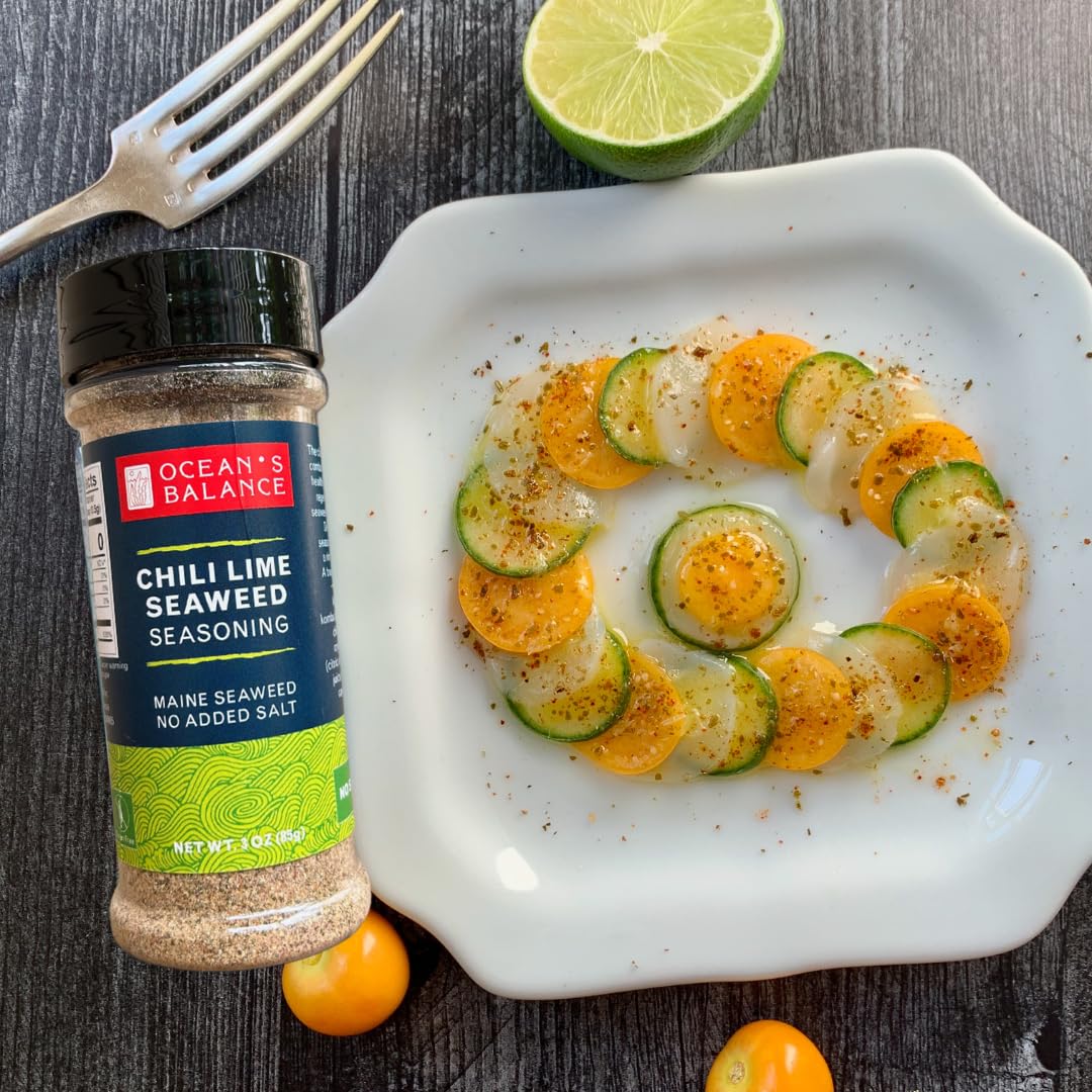 Ocean Balance – Condimento de algas con chile y lima, algas marinas de la costa de Maine – Polvo de algas marinas, ideal para pescado, tostadas de
