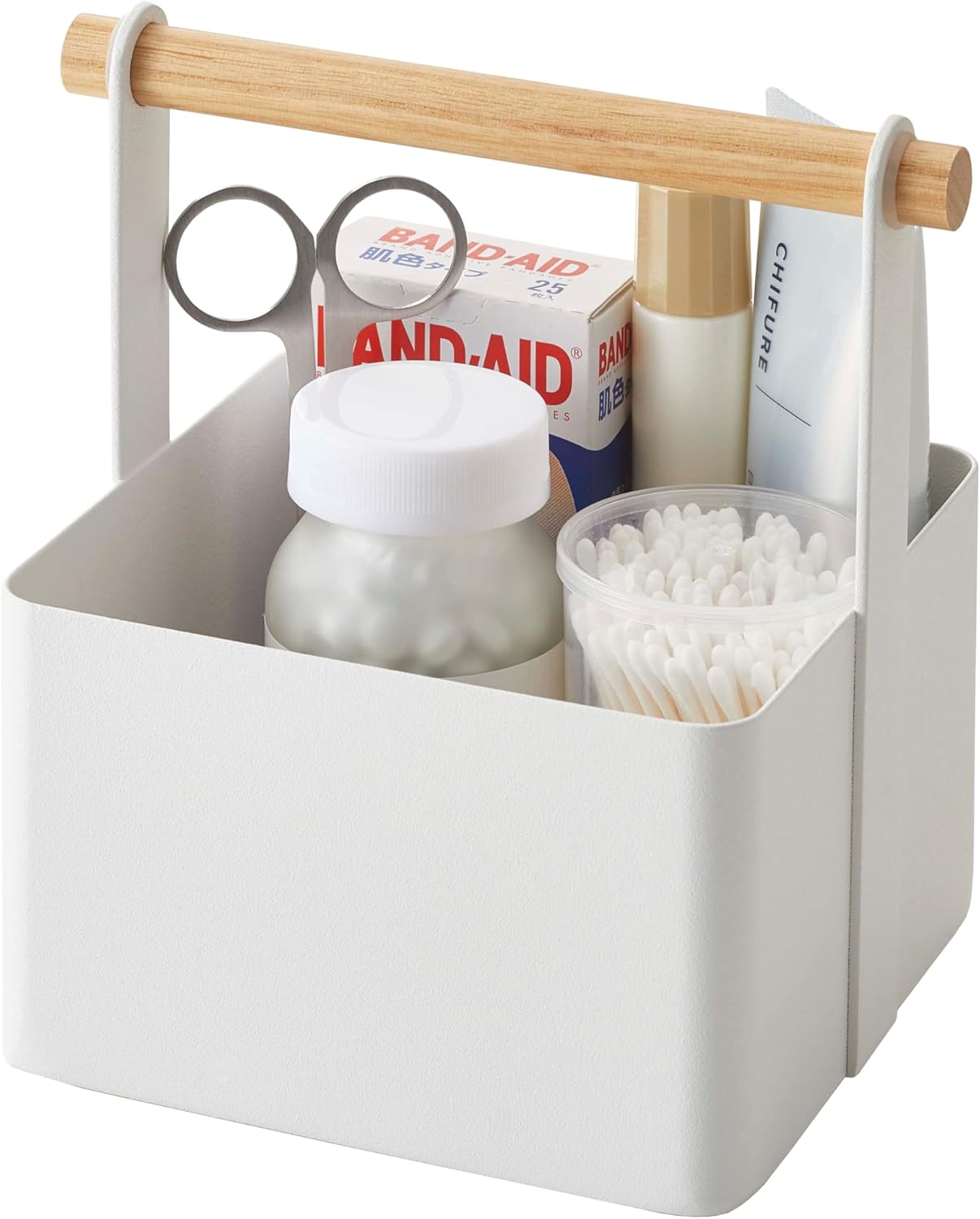 Yamazaki Home Cesta de almacenamiento organizador de mango de madera, blanco, acero + madera, pequeño, asas, no requiere montaje.