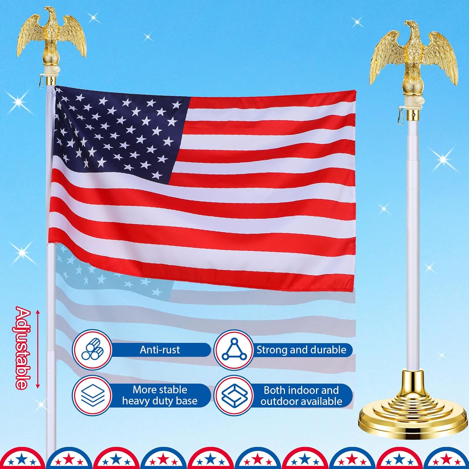 Threan 6 barras de bandera telescópicas para interiores de 8.53 pies con base y parte superior de bola, asta de bandera para interiores con soporte