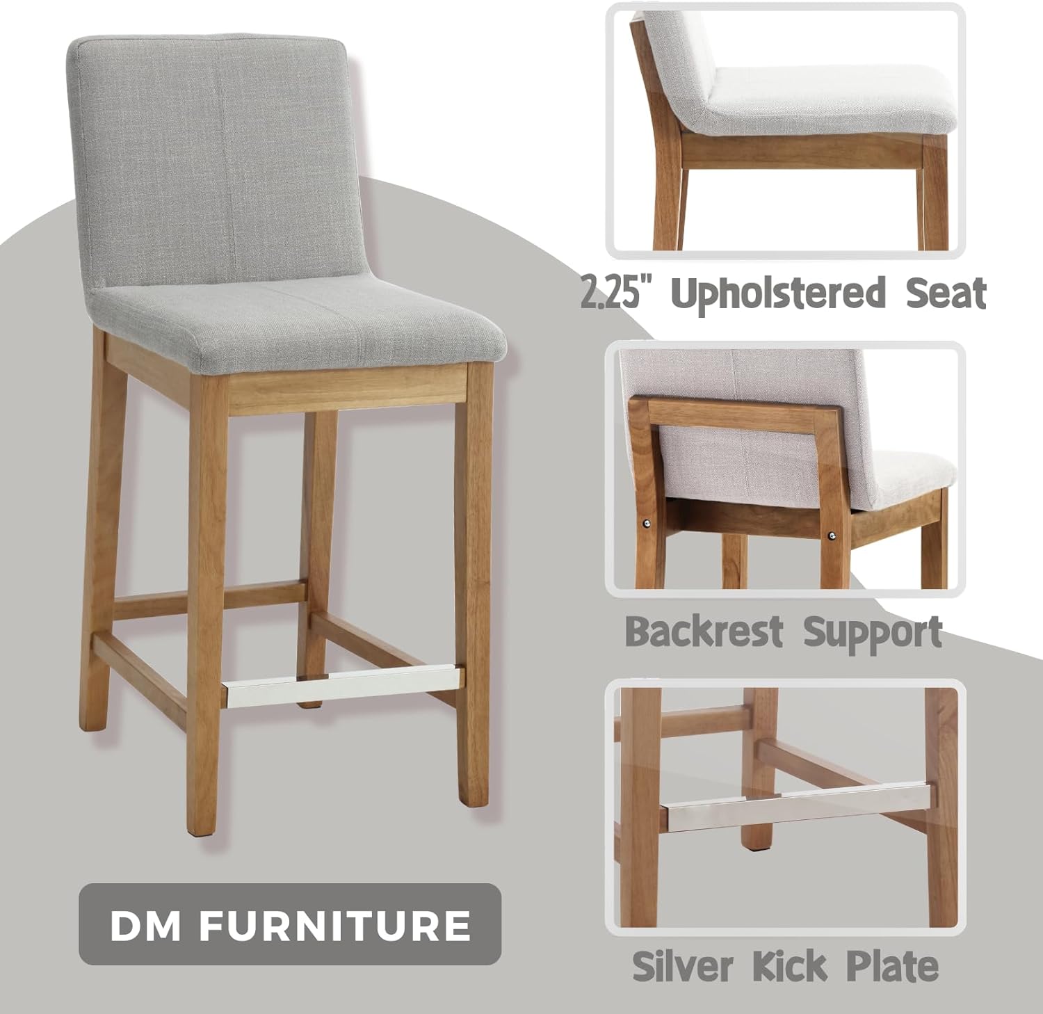 DM Furniture Taburete de mostrador para isla de cocina, juego de 2 taburetes de bar tapizados de tela de lino con respaldo de 26 pulgadas, taburetes