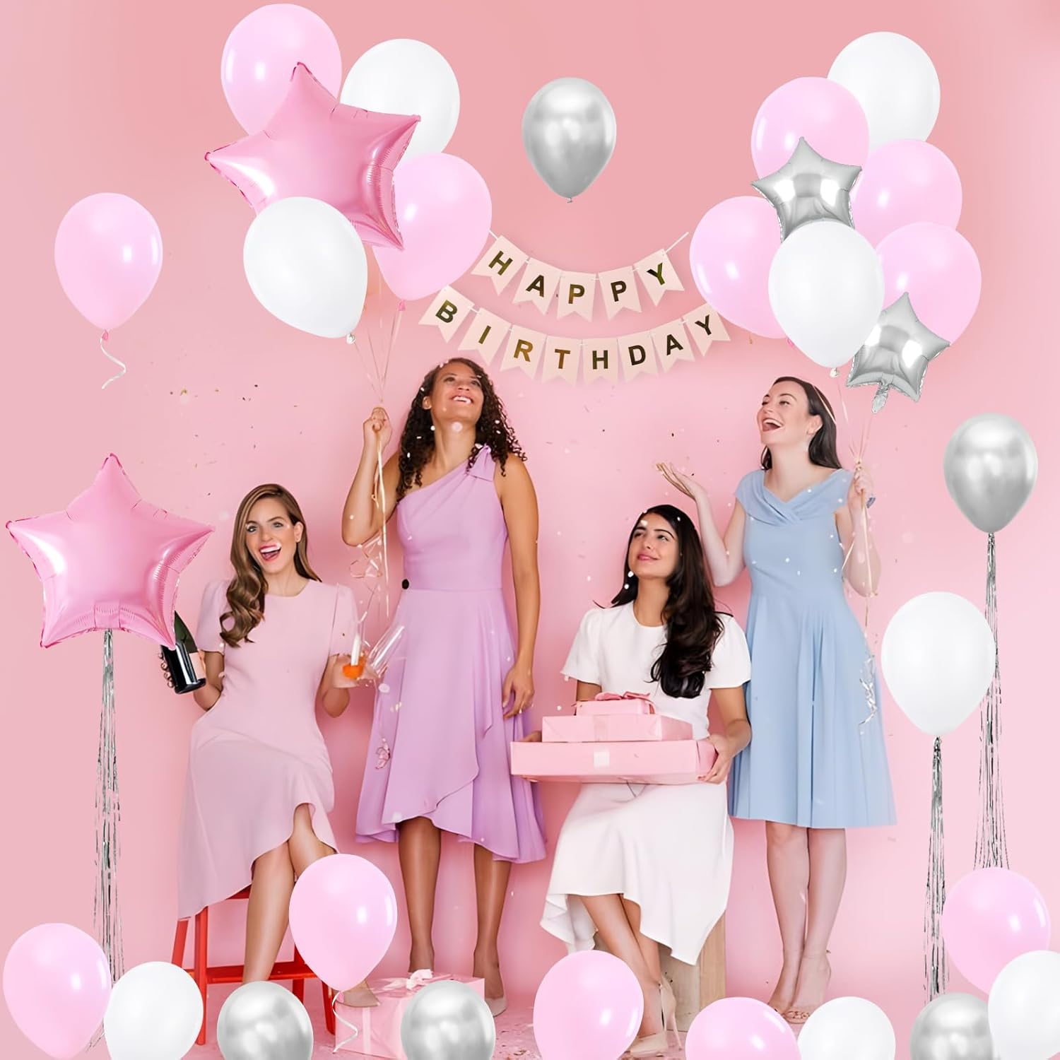 108 piezas de decoración de fiesta rosa, kit de arco de guirnalda de globos con pancarta de feliz cumpleaños, cortinas de flecos metálicos,