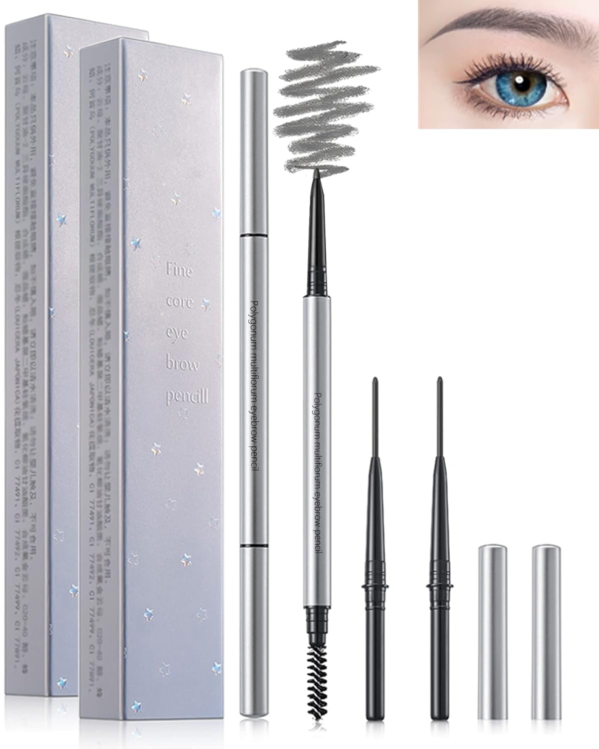 Lápiz de cejas con brocha Spoolie, 4 lápices profesionales de micro punta de 0.069 pulgadas con kit de extremos dobles, lápiz de cejas resistente al