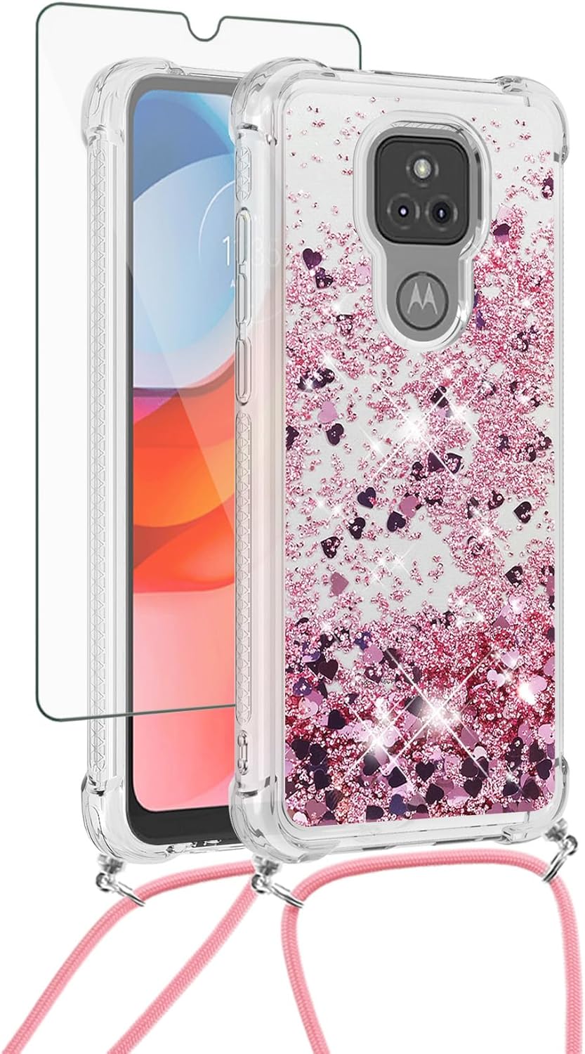 Asuwish Funda de teléfono para Moto G Play 2021 con protector de pantalla y correa cruzada, cubierta protectora delgada con purpurina líquida