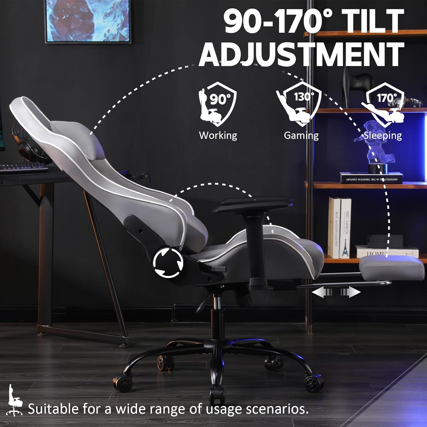Silla de oficina para juegos con soporte lumbar de masaje, piel sintética, respaldo alto, ajustable, giratoria, con reposapiés, silla de computadora