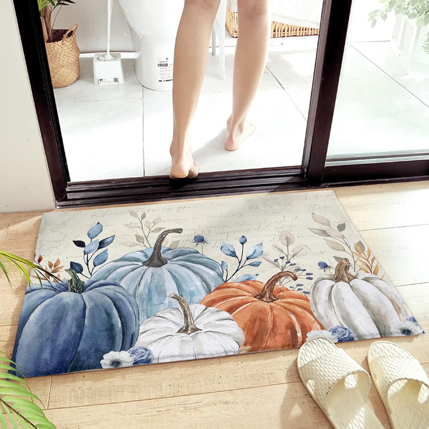 Elegant Pumpkins – Alfombra de baño antideslizante, suave, de pelo largo, peludo, de 16 x 24 pulgadas, vintage, azul, naranja, blanco, eucalipto,