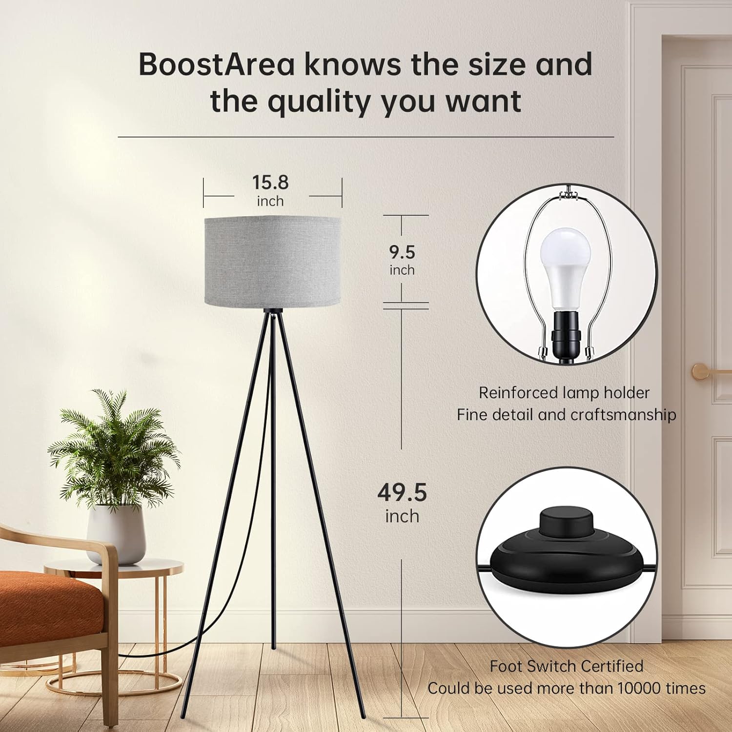 BoostArea Lámpara de pie para sala de estar, lámpara de pie trípode, bombilla LED de 15 W, 3 niveles de brillo regulable, pantalla de lámpara de