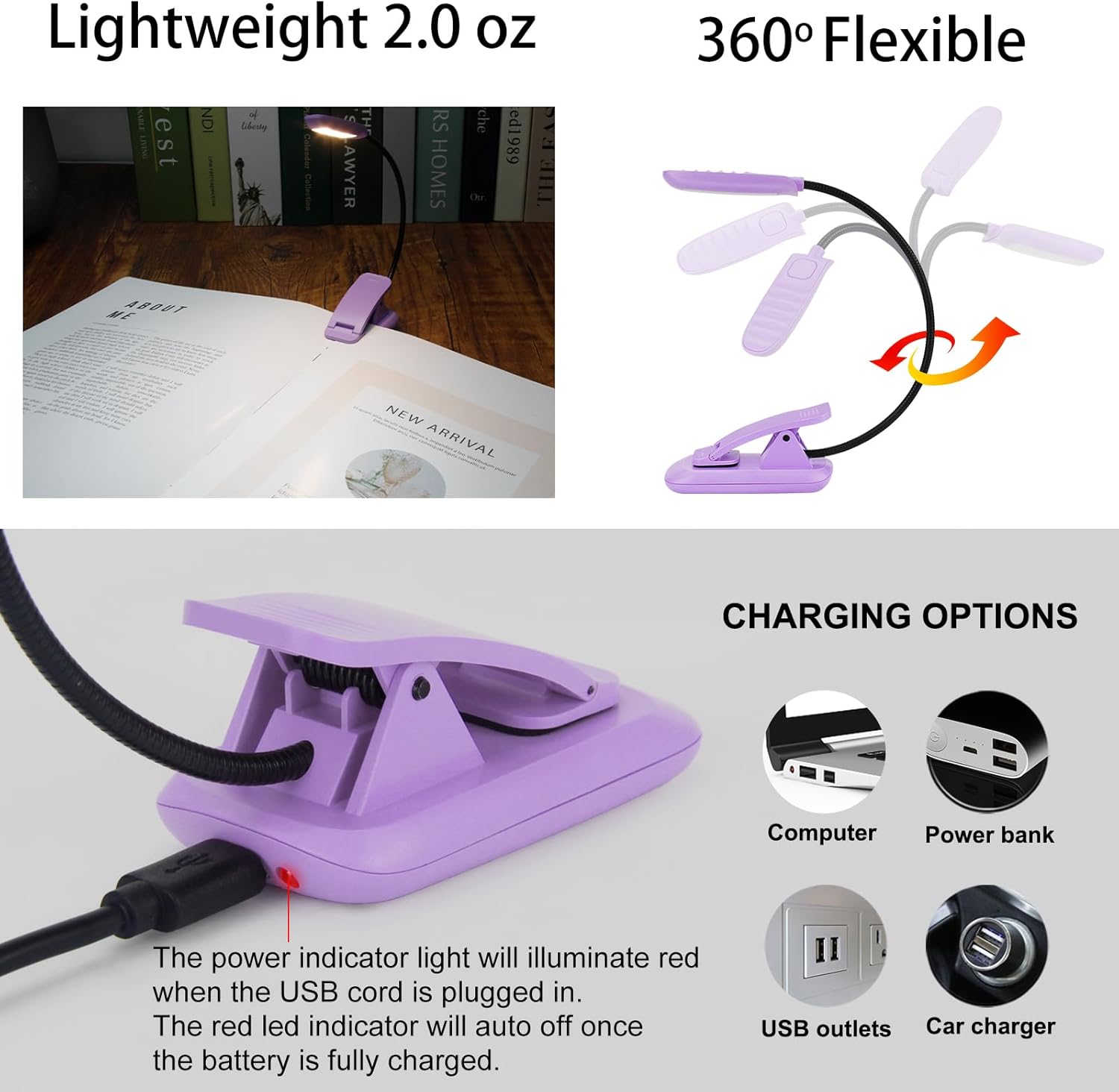 Luz de lectura de libros, lámpara de lectura para el cuidado de los ojos en la cama con brillo ajustable, clip ligero, iluminación nocturna