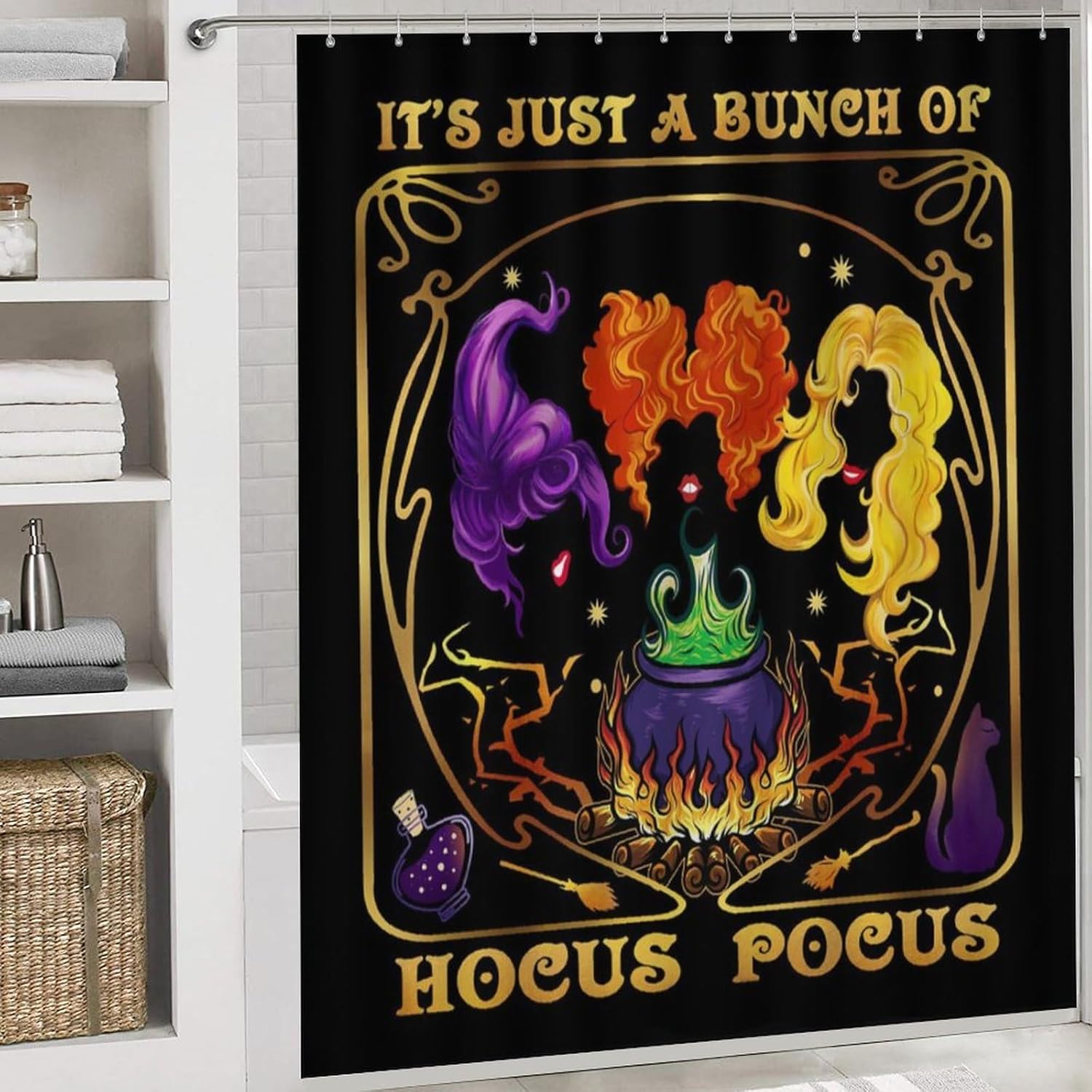 Hocus Pocus, cortina de ducha de Halloween, juego de cortina de ducha impermeable de 72 x 72 pulgadas con 12 ganchos para decoración de baño