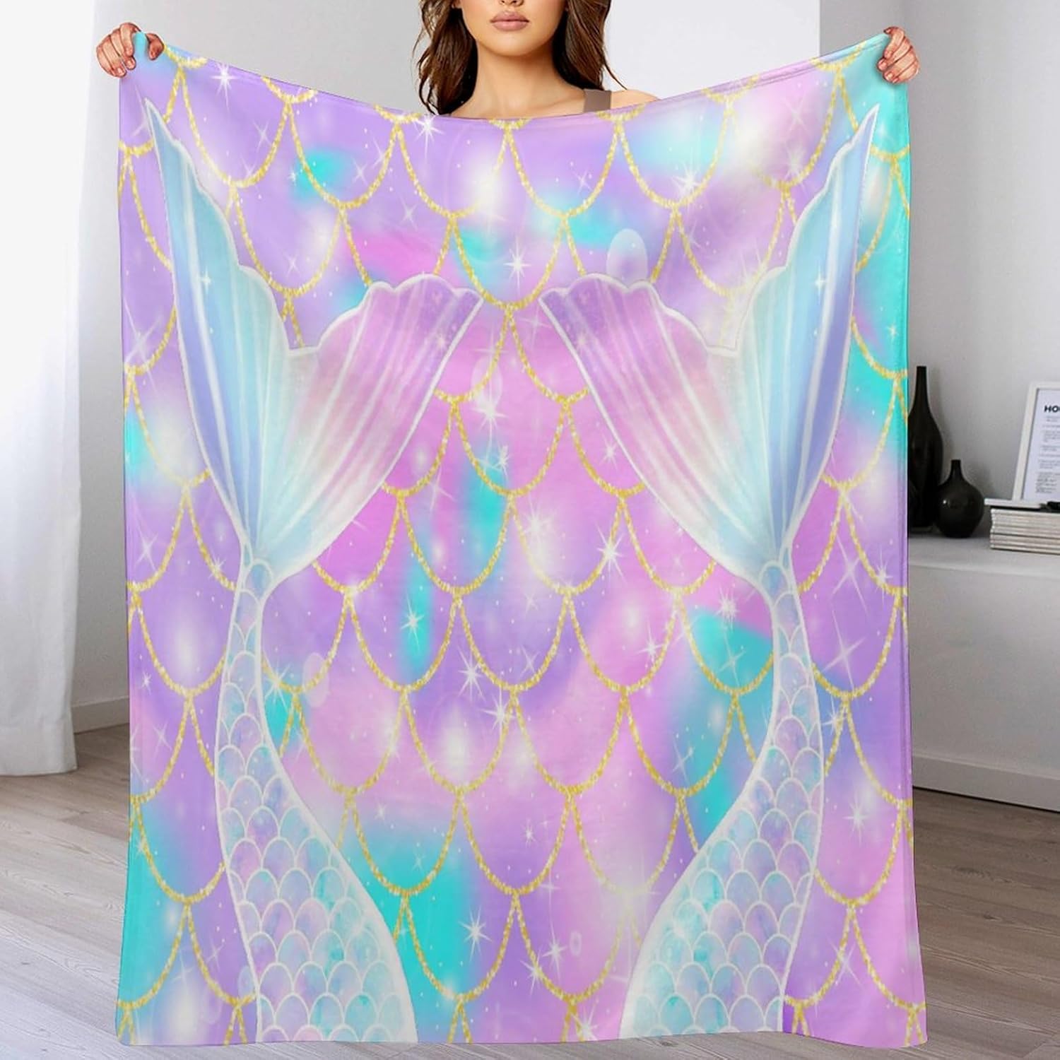 Manta de cola de pez de sirena rosa con estampado de fondo de sirena para niña, 30 x 40 pulgadas