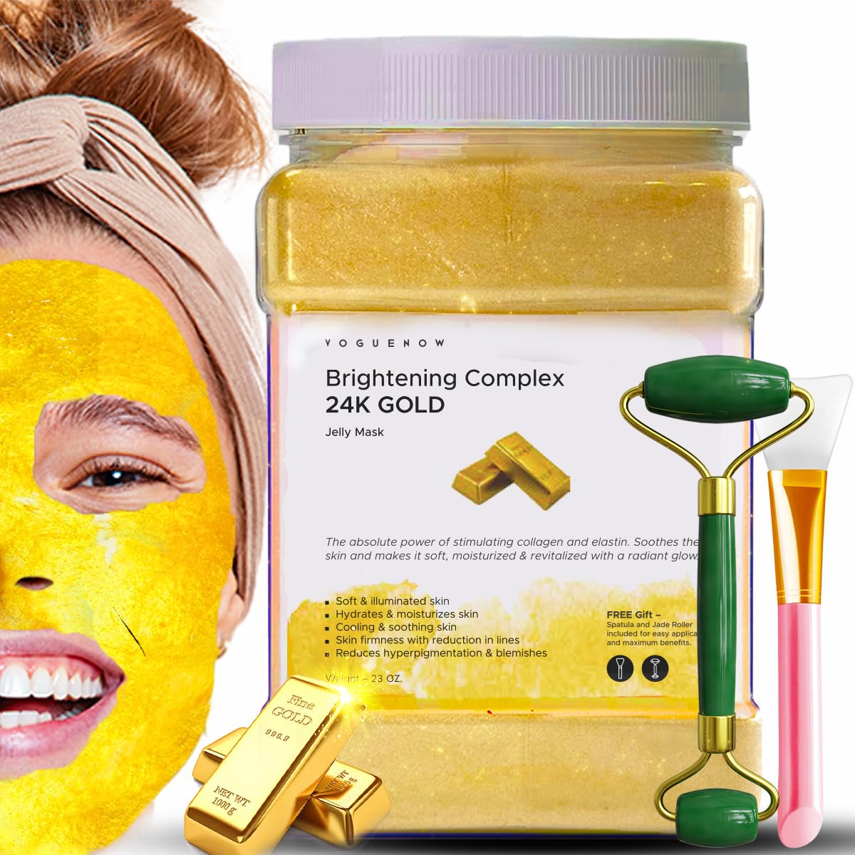Mascarilla facial de gelatina para tratamientos faciales  Máscara de gelatina hidratante, iluminadora y nutritiva de oro de 24 quilates con rodillo