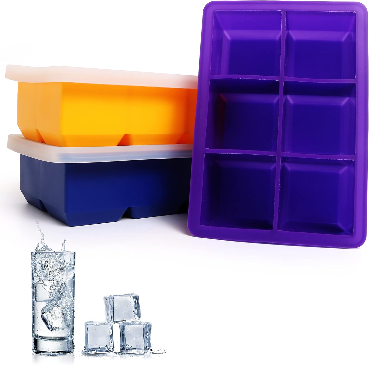 Paquete de 3 bandejas para cubitos de hielo, moldes de silicona de gran tamaño con tapas extraíbles, reutilizables y sin BPA para whisky, cóctel,