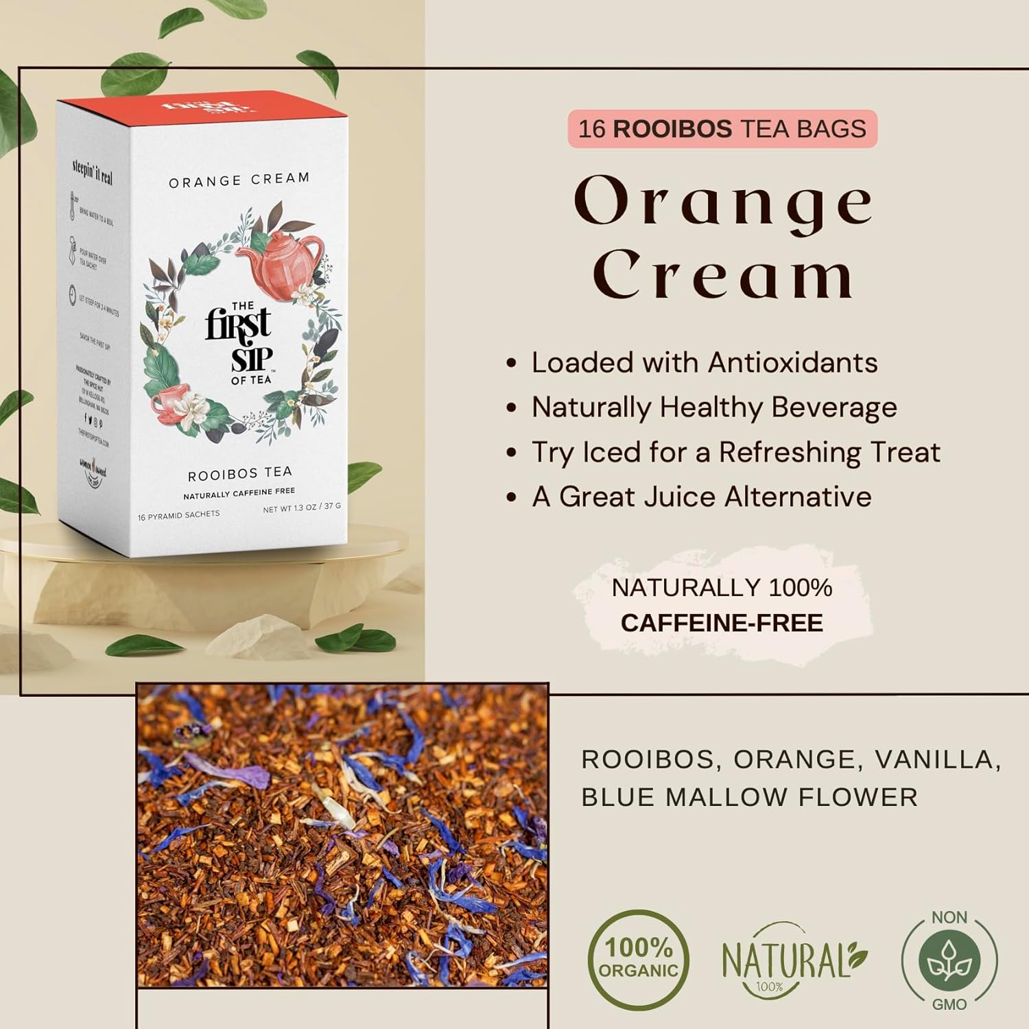 Rooibos de crema de naranja, bolsas de té, vainilla y naranja, sin cafeína, antioxidantes, té caliente y helado – 16 tazas  The Spice Hut, primer