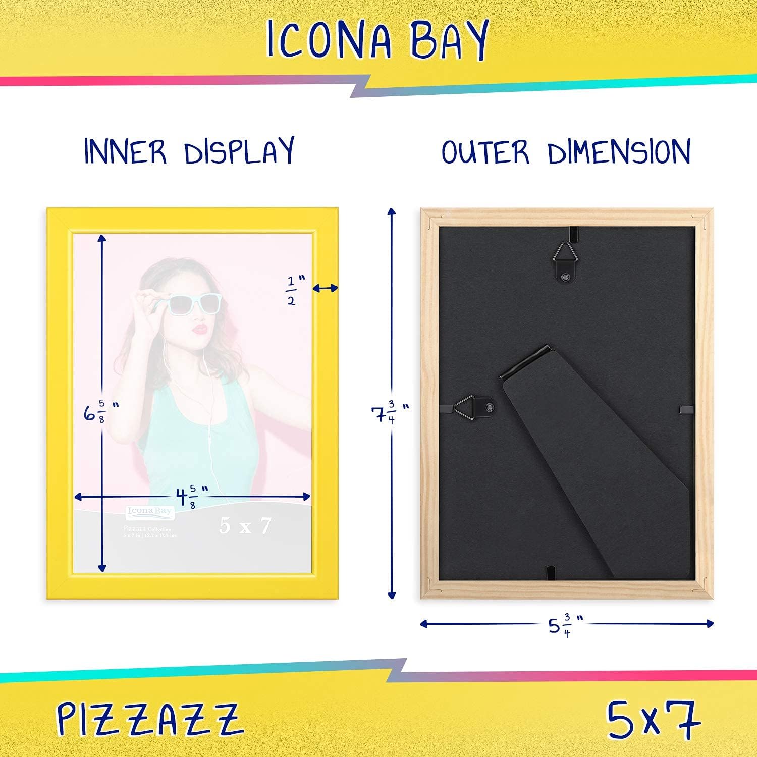 Icona Bay Pizzazz Collection – Marco de fotos de 5 x 7 pulgadas, color amarillo, de madera maciza estilo escandinavo