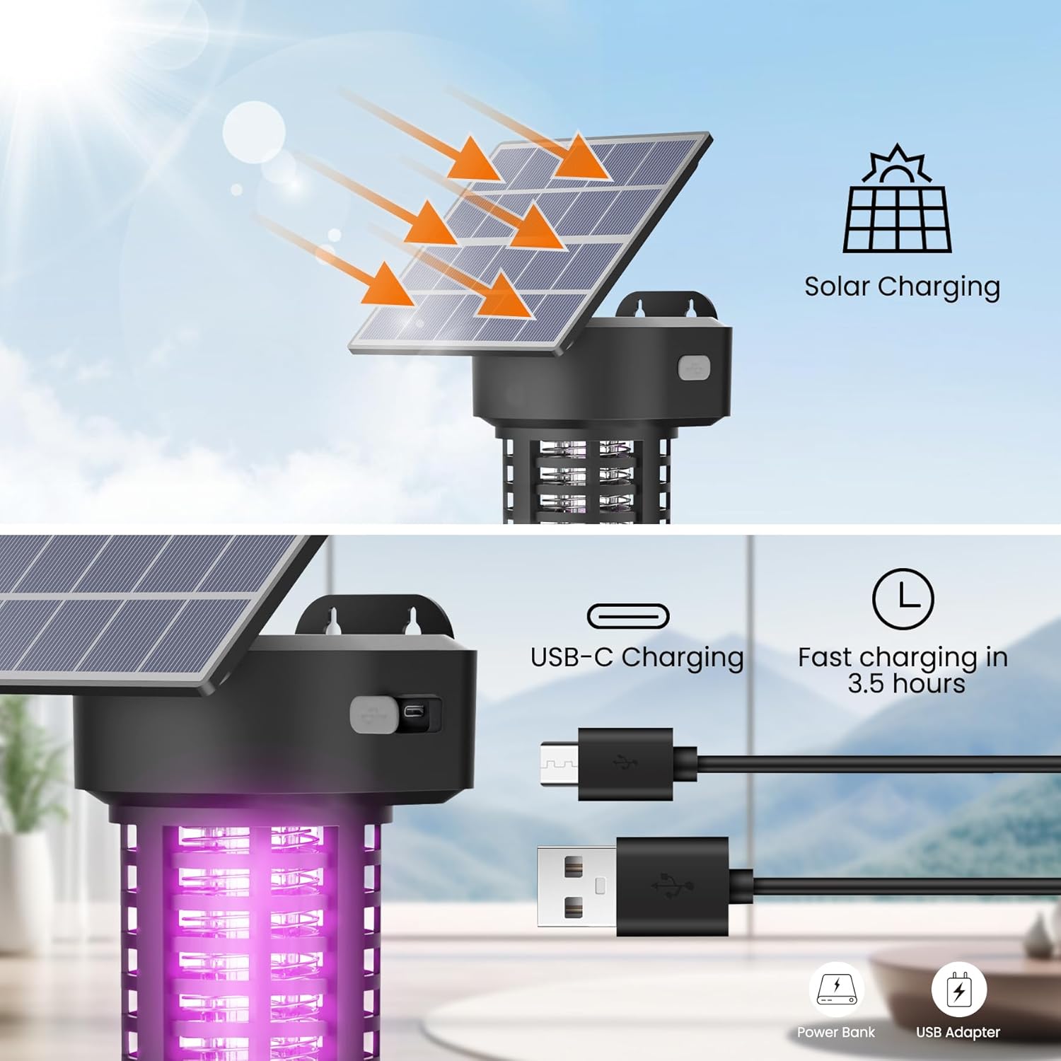 Solar Bug Zapper – Lámpara matamosquitos al aire libre, inalámbrica y recargable, matamoscas mosquitos, lámpara decorativa para patio y jardín