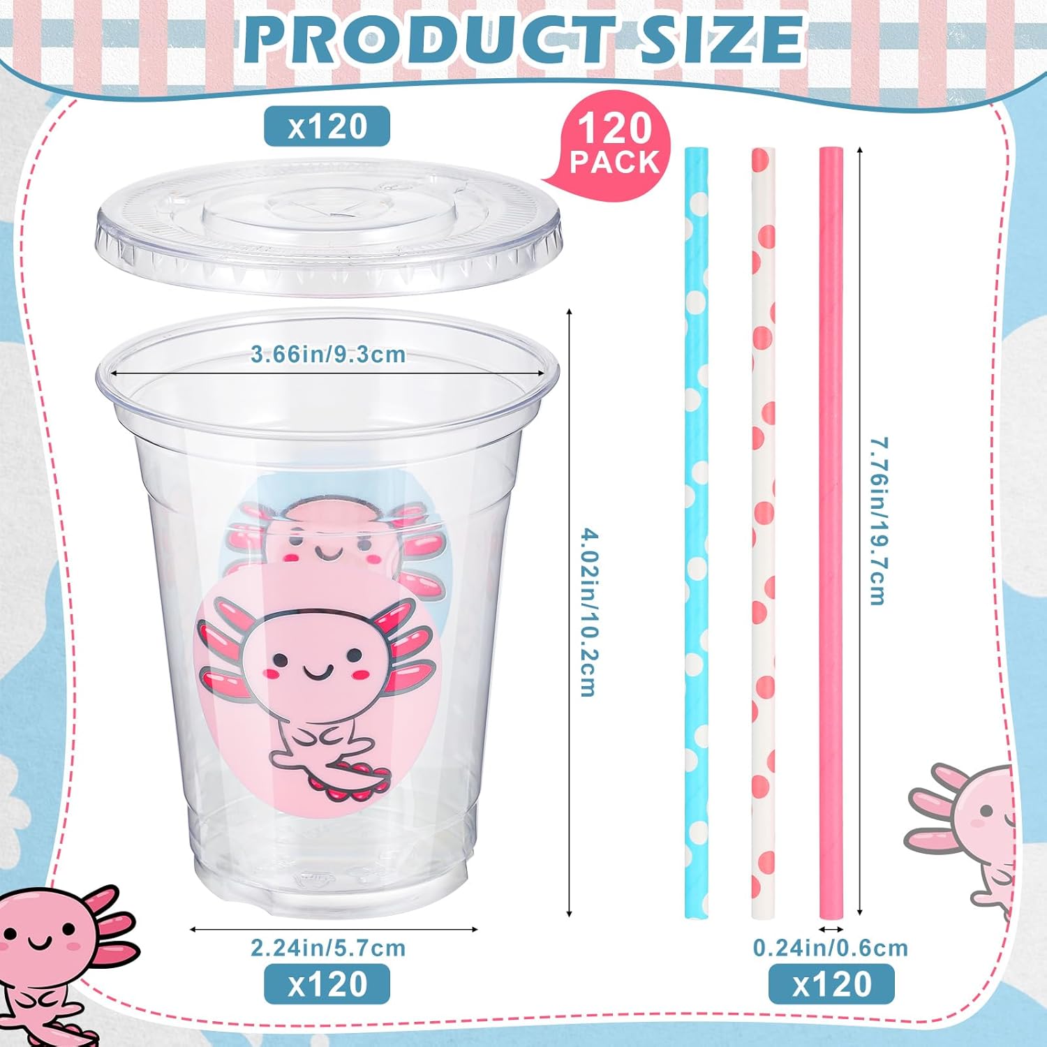 Juego de 120 vasos desechables de ajolote transparente de 12 onzas con tapas y pajitas de papel, tazas de café helado para niñas, decoración de