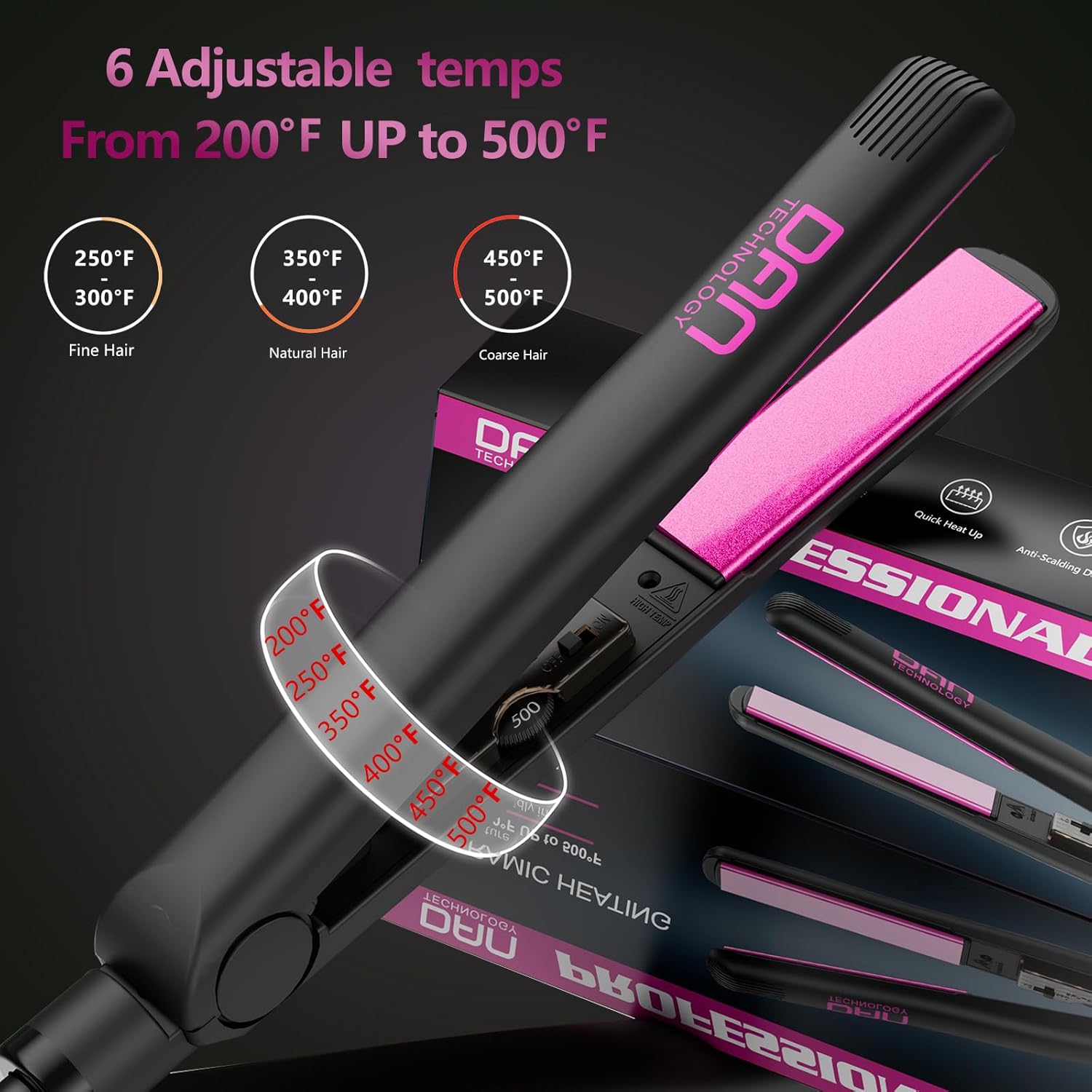 Dan Technology Plancha plana de 1 pulgada, plancha alisadora de cerámica, plancha plana de 500 grados, plancha plana de cabello de temperatura
