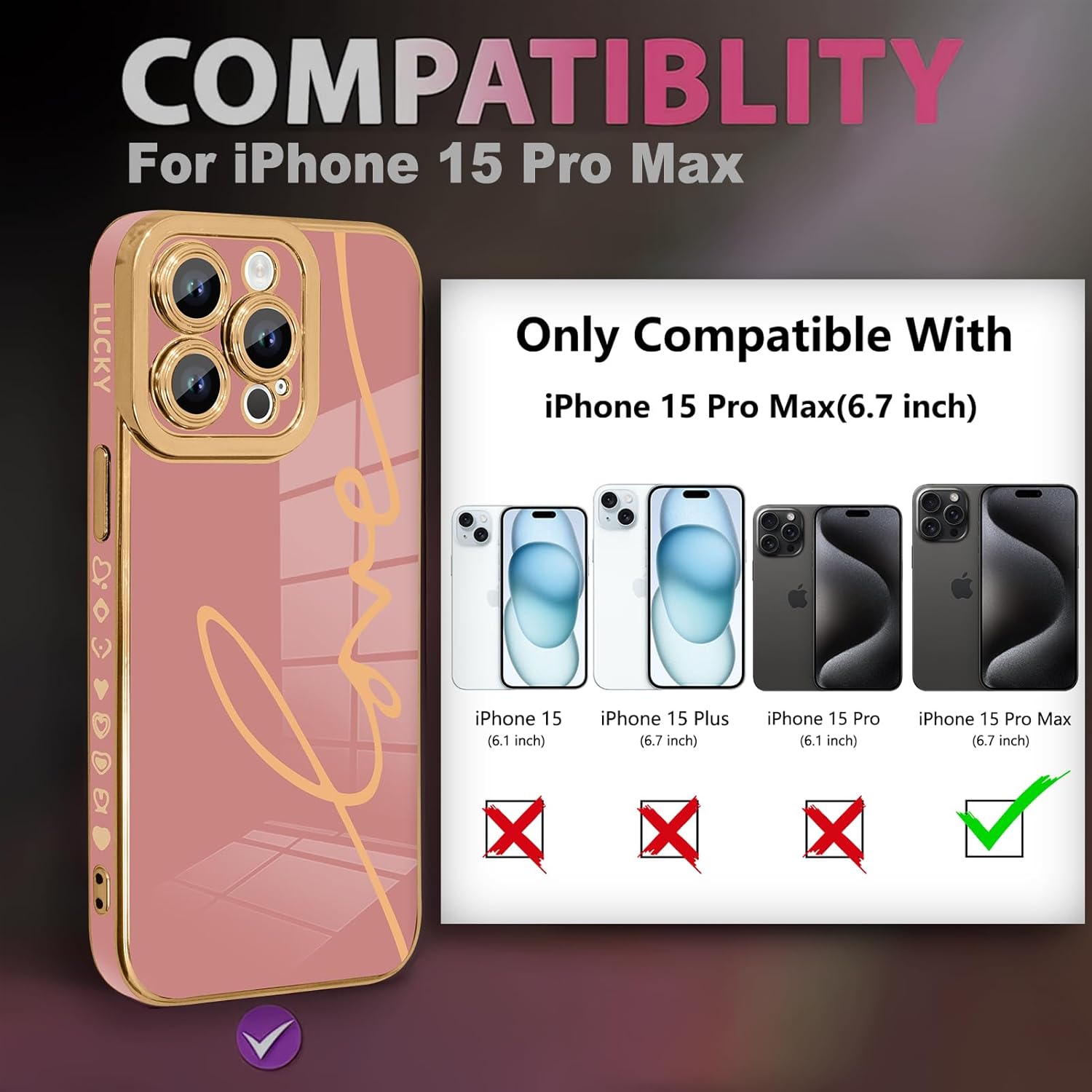 Fiyart Diseñada para iPhone 15 Pro Max, bonita funda chapada en amor para mujeres y niñas, con protector de pantalla, protector de cámara, cubierta