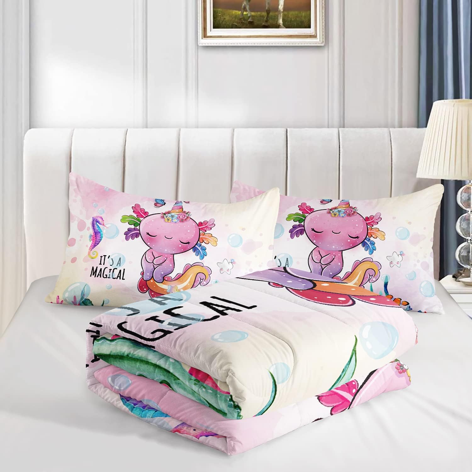 CVHOUSE Axolotl – Juego de edredón tamaño matrimonial, juego de ropa de cama de ajolote de dibujos animados para niños, lindo juego de edredón de