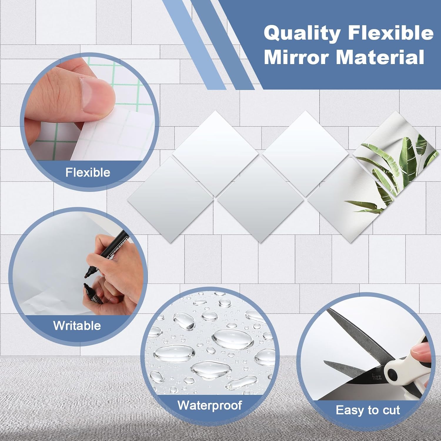 Soaoo 36 piezas de láminas de espejo flexibles autoadhesivas para espejo de puerta, azulejos de plástico para espejo de pared, calcomanías cuadradas