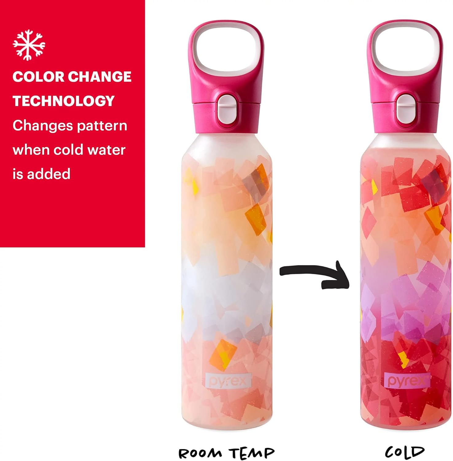 Pyrex – Botella de agua de vidrio que cambia de color con revestimiento de silicona Capas llamativas, 17,5 onzas