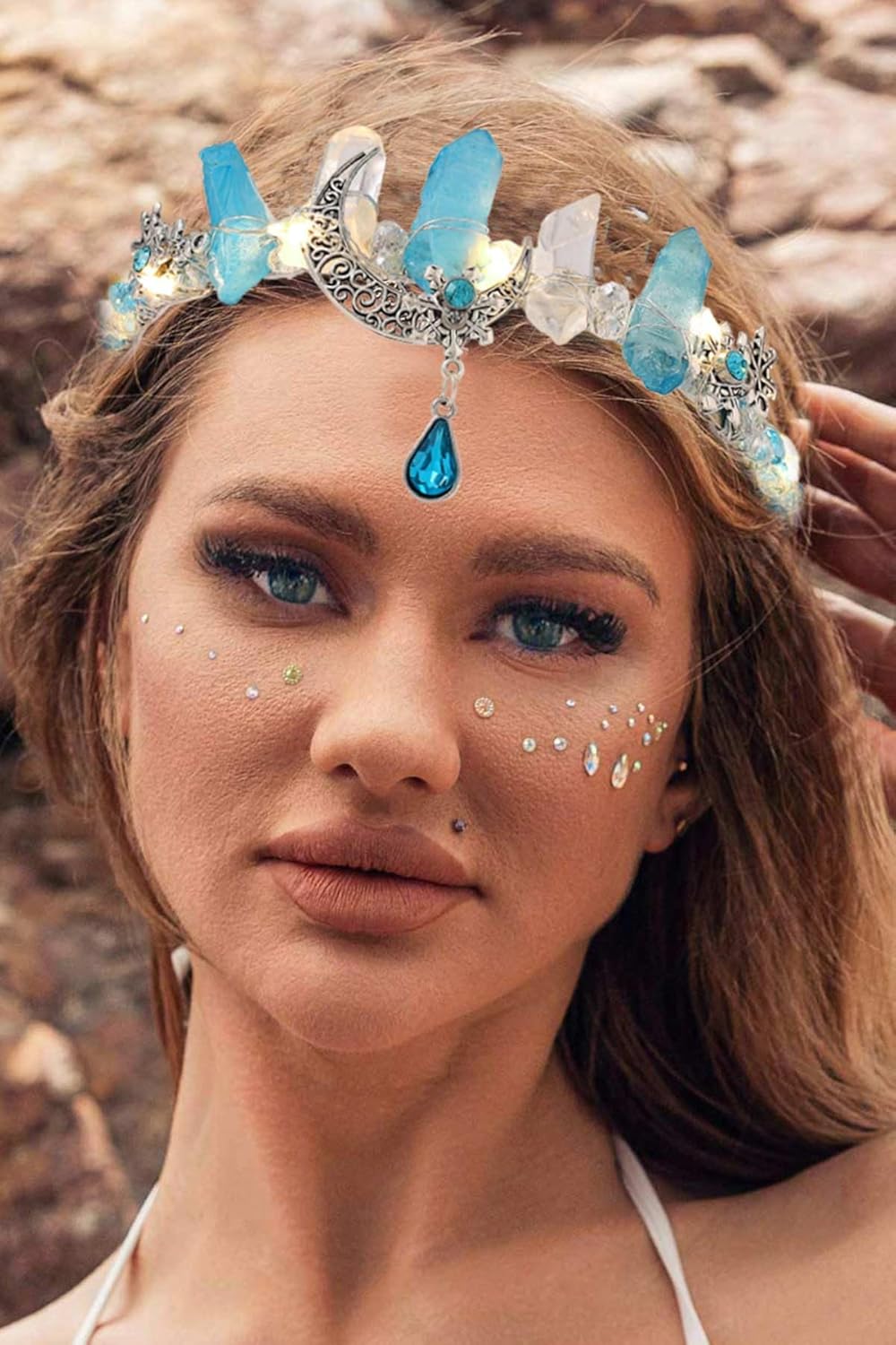 Aukmla Diadema de corona de cuarzo de cristal crudo azul iluminado, diadema de princesa con luz LED, tiara de piedras naturales, banda para el