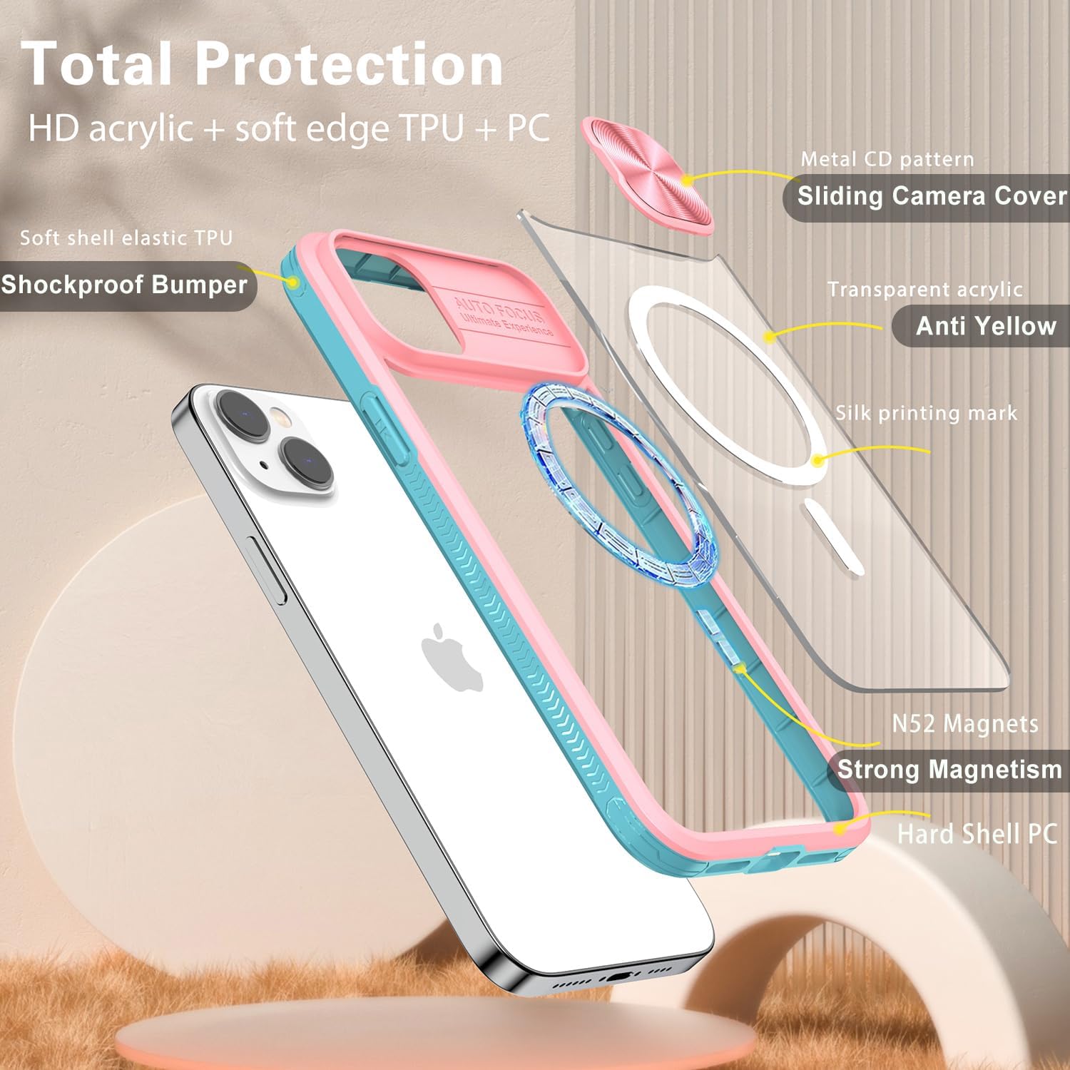 Funda transparente compatible con iPhone 15 MagSafe Funda deslizante para lente de cámara, imanes fuertes Anti amarilleo Parte trasera de acrílico